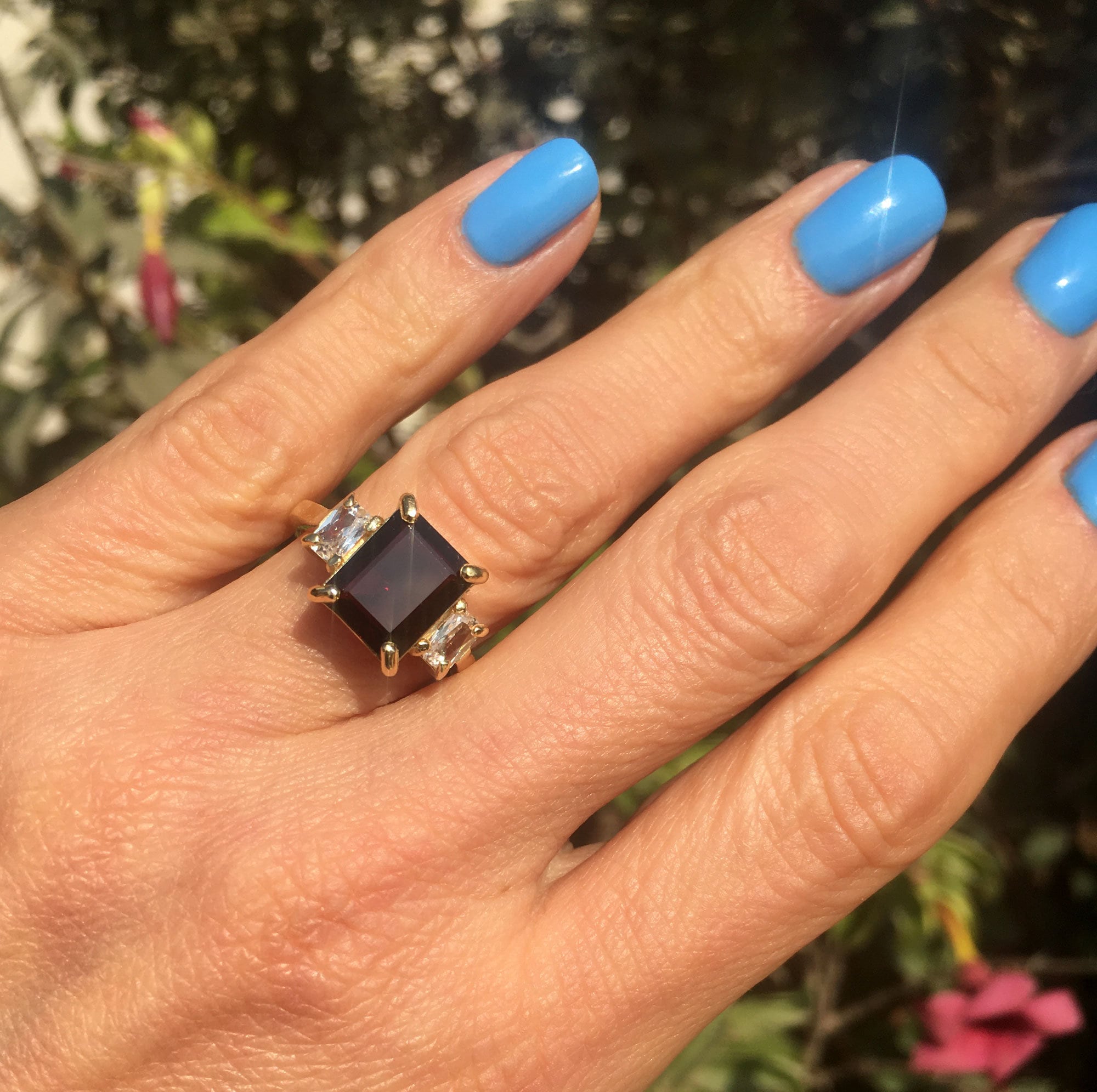 Octagon Red Garnet Statement Ring with Clear Quartz Accents - H.L.Jewelry