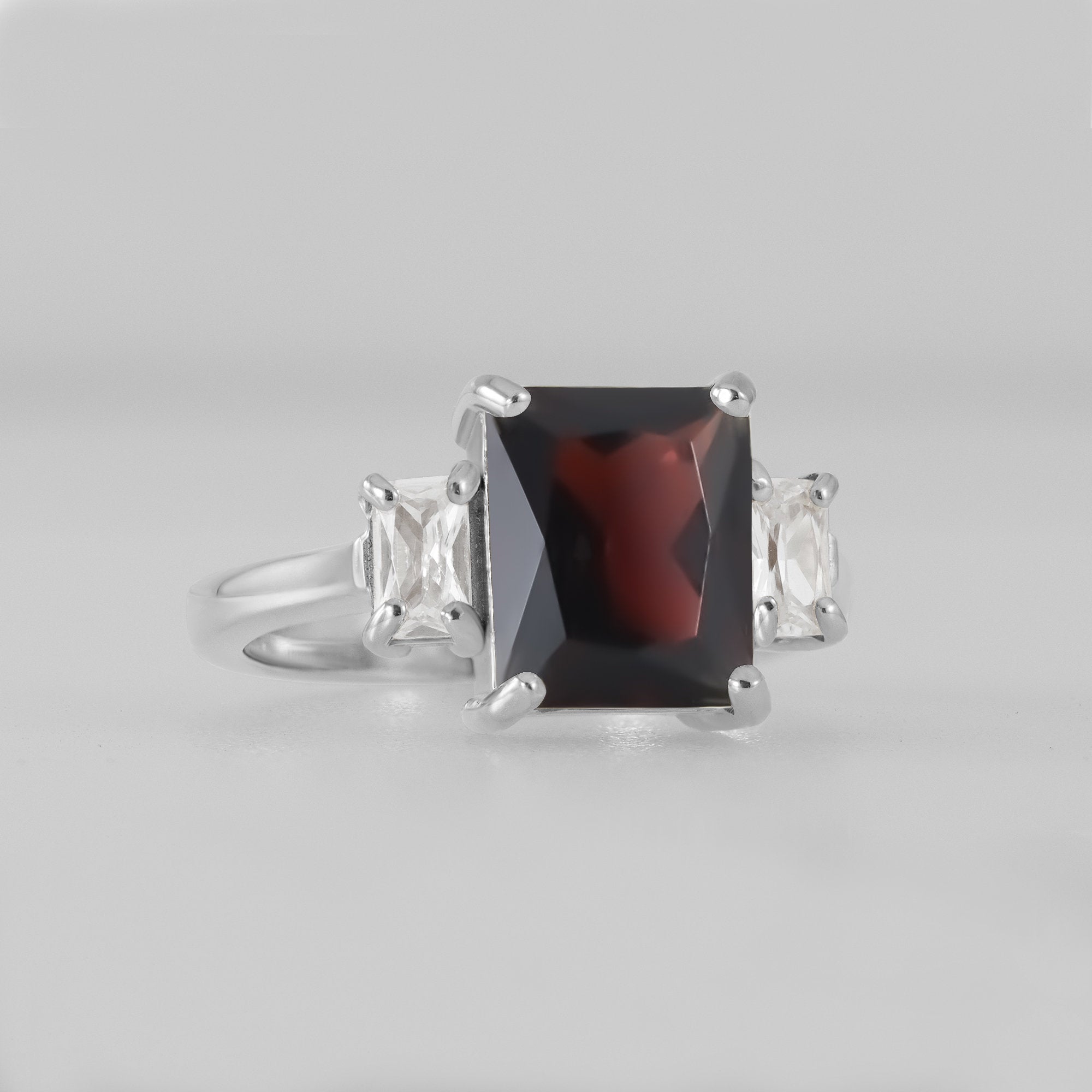 Octagon Red Garnet Statement Ring with Clear Quartz Accents - H.L.Jewelry