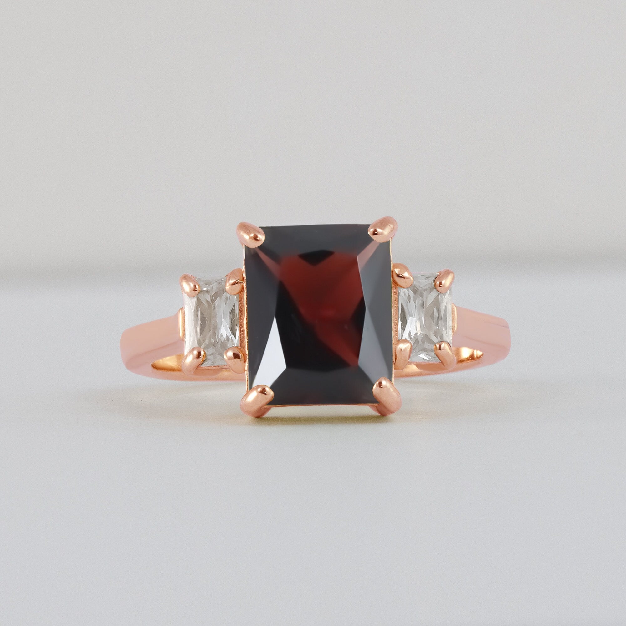 Octagon Red Garnet Statement Ring with Clear Quartz Accents - H.L.Jewelry