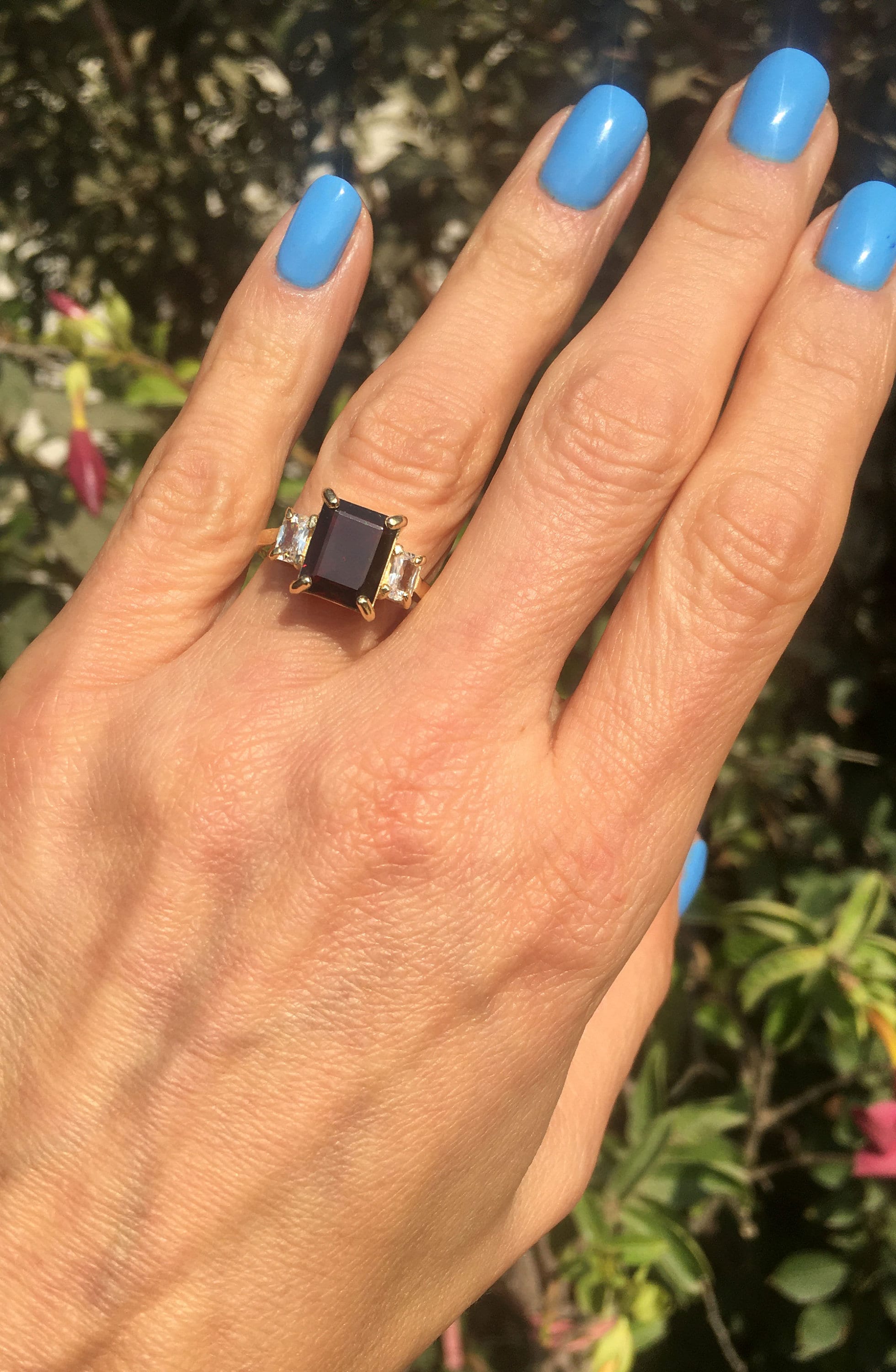 Octagon Red Garnet Statement Ring with Clear Quartz Accents - H.L.Jewelry