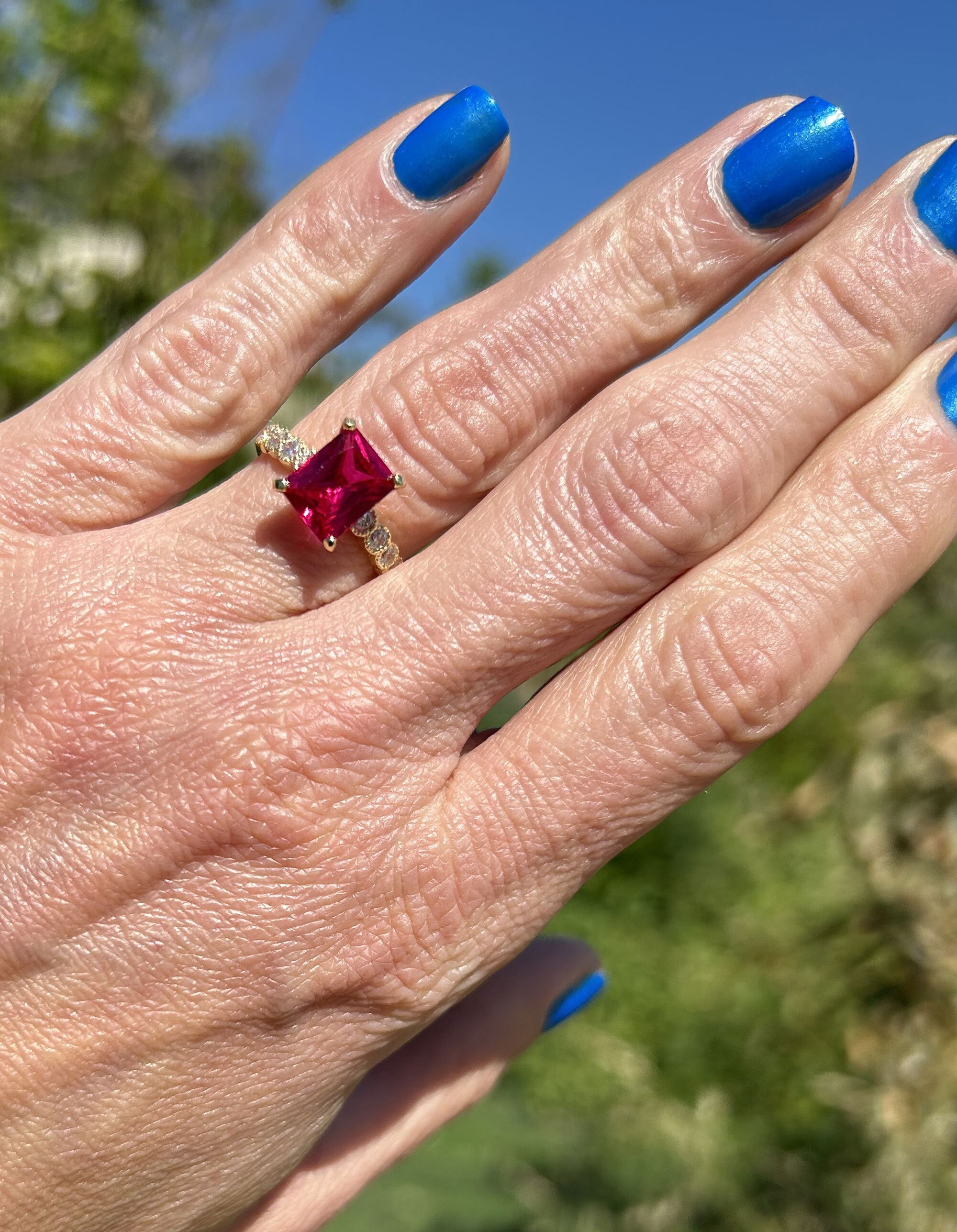 Octagon Ruby Engagement Ring with Clear Quartz Accents - H.L.Jewelry