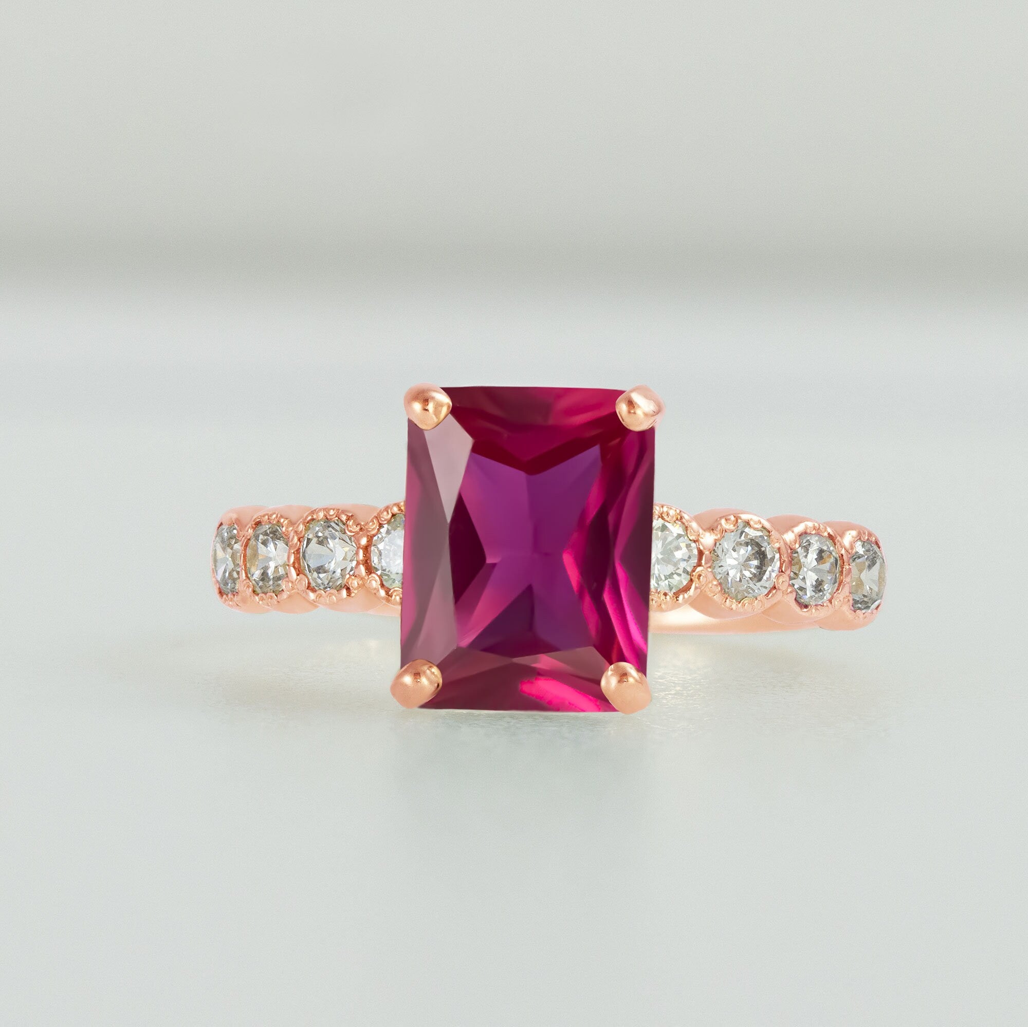 Octagon Ruby Engagement Ring with Clear Quartz Accents - H.L.Jewelry