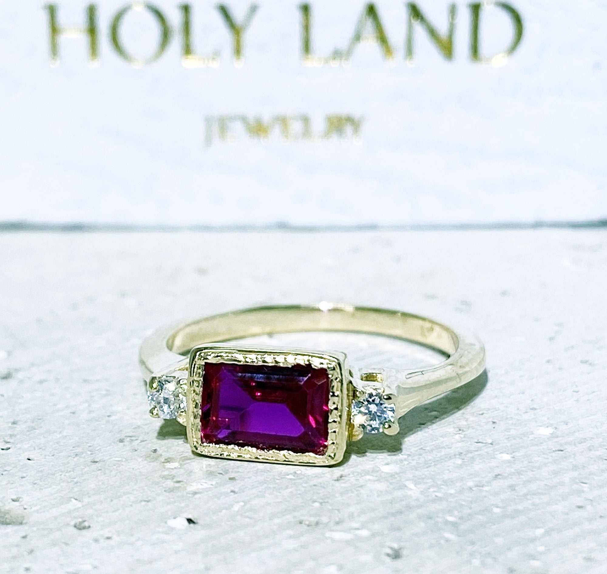 Octagon Ruby Simple Ring with Clear Quartz Accents - H.L.Jewelry