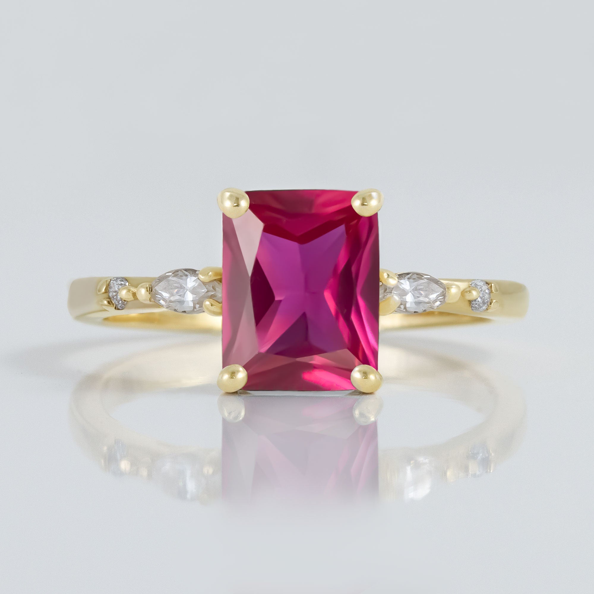 Octagon Ruby Statement Ring with Clear Quartz Accents - H.L.Jewelry