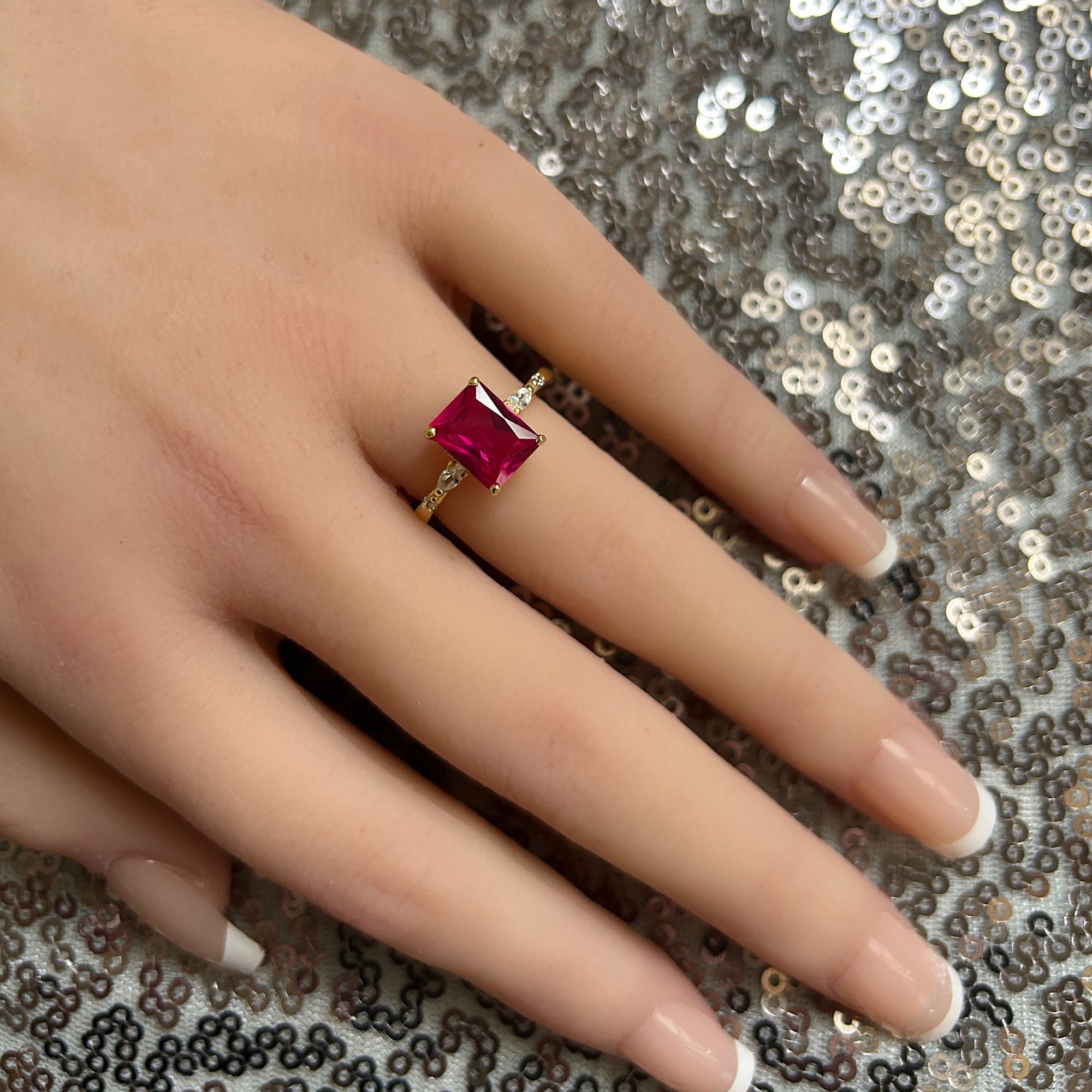 Octagon Ruby Statement Ring with Clear Quartz Accents - H.L.Jewelry