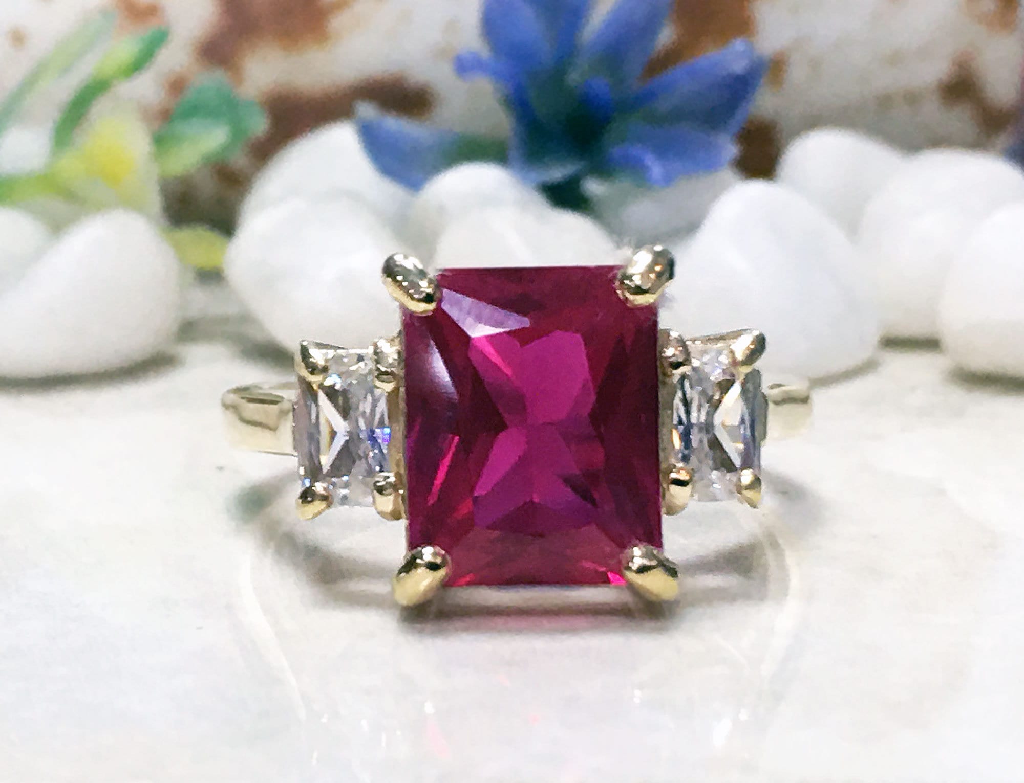 Octagon Ruby Statement Ring with Clear Quartz Accents - H.L.Jewelry