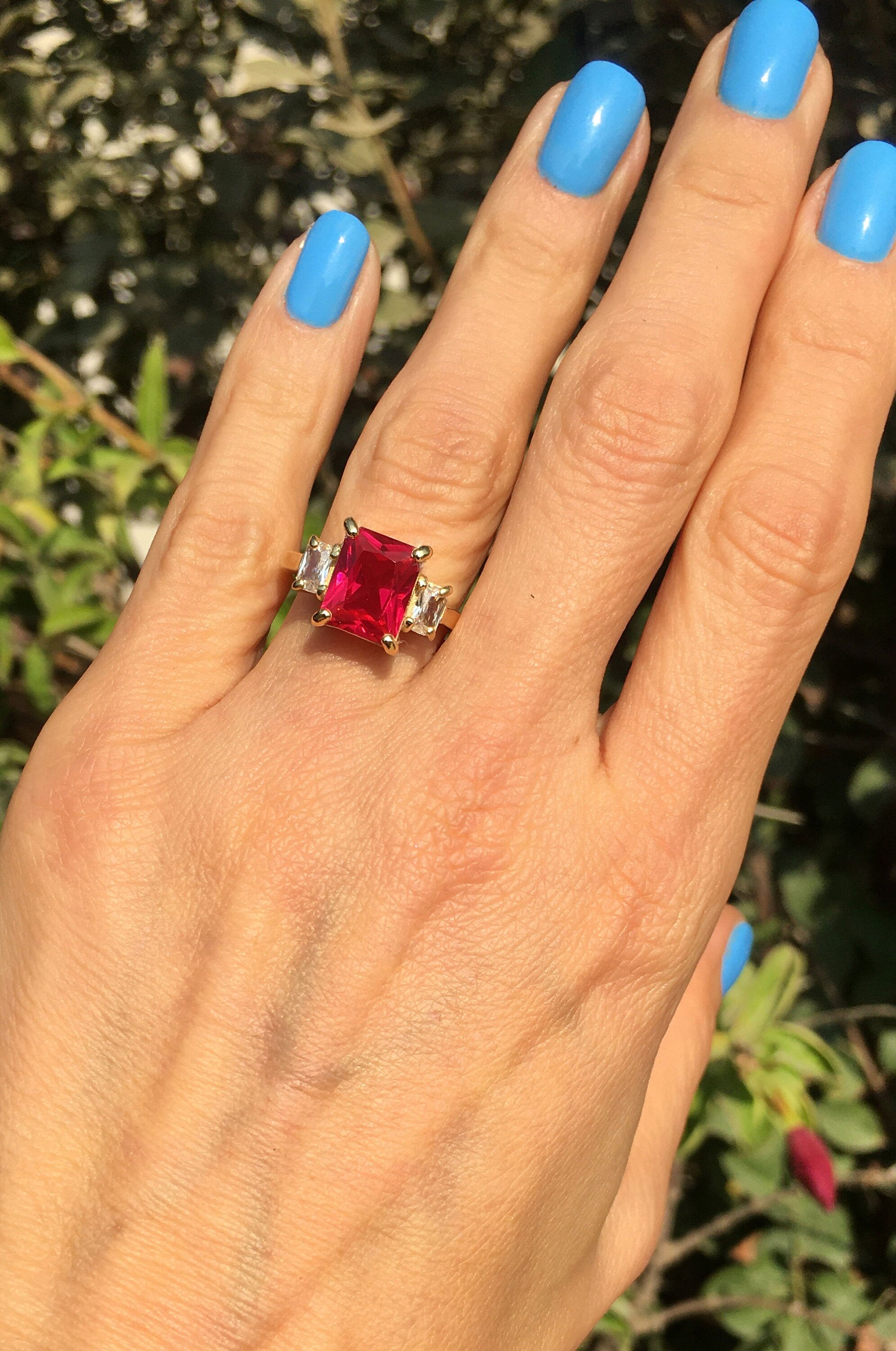 Octagon Ruby Statement Ring with Clear Quartz Accents - H.L.Jewelry