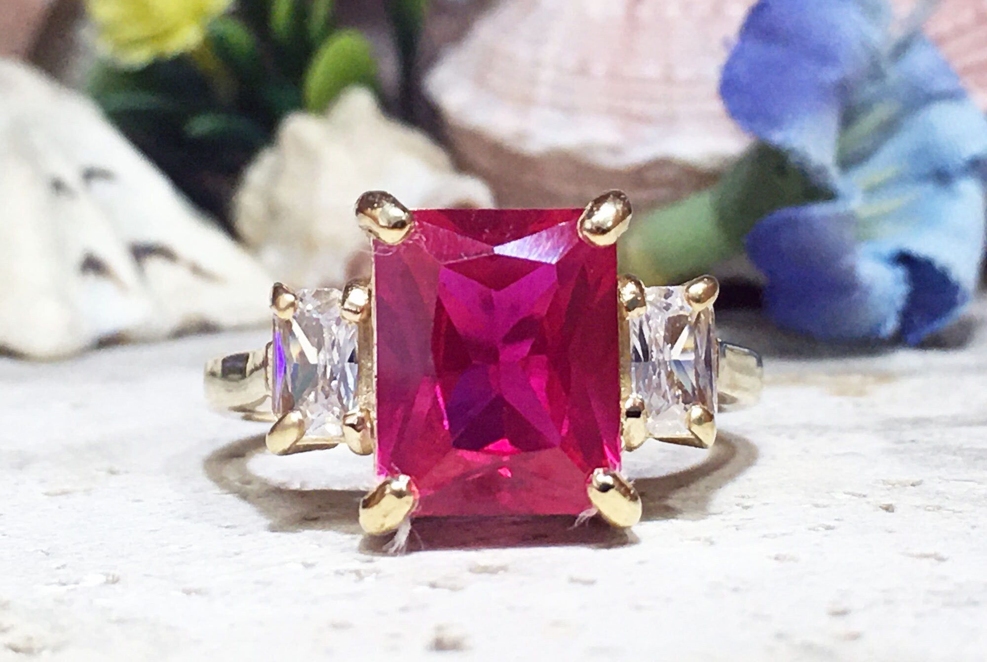 Octagon Ruby Statement Ring with Clear Quartz Accents - H.L.Jewelry