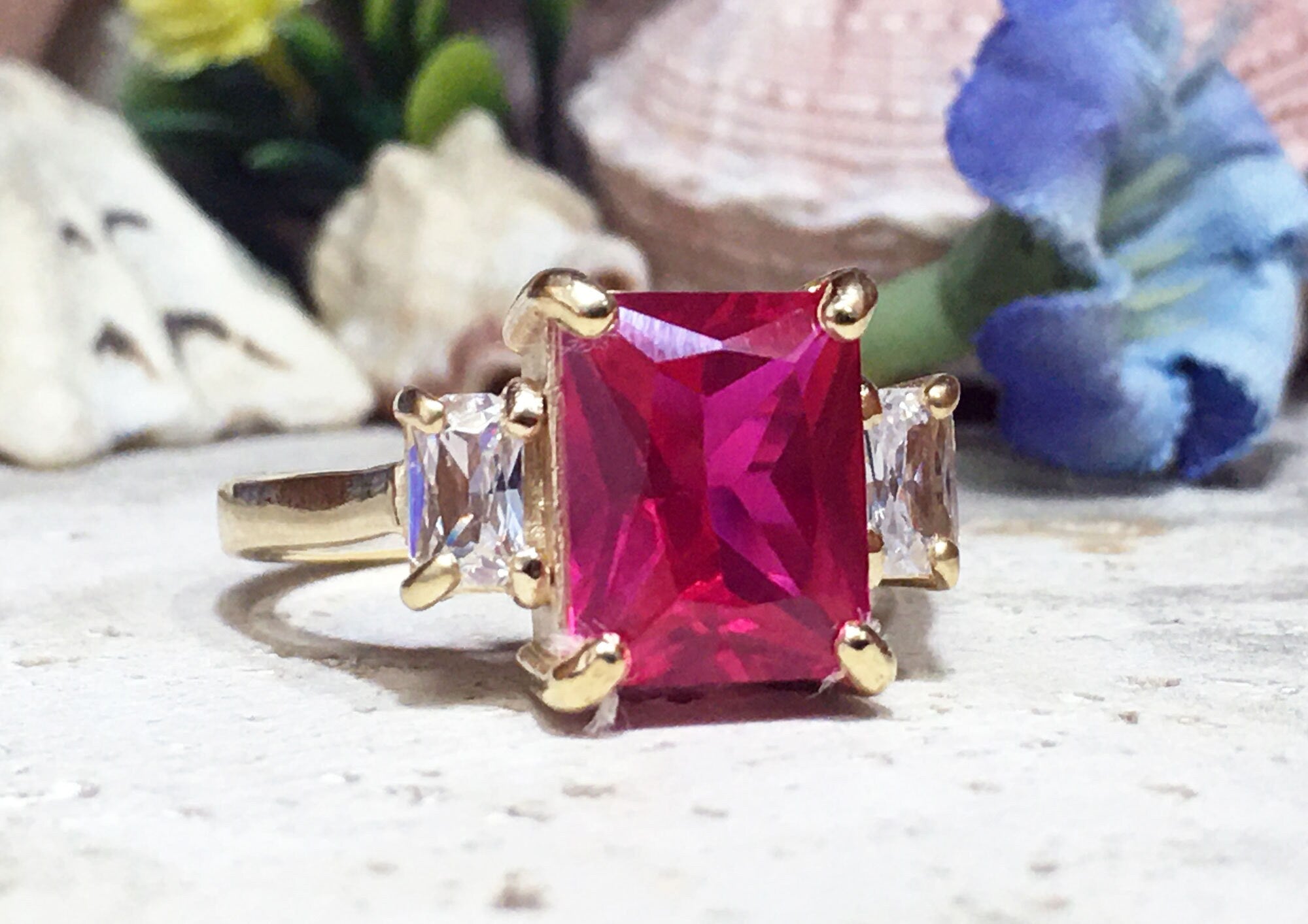 Octagon Ruby Statement Ring with Clear Quartz Accents - H.L.Jewelry