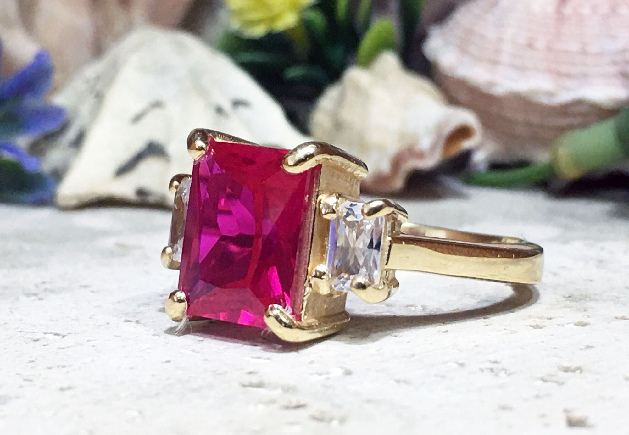 Octagon Ruby Statement Ring with Clear Quartz Accents - H.L.Jewelry