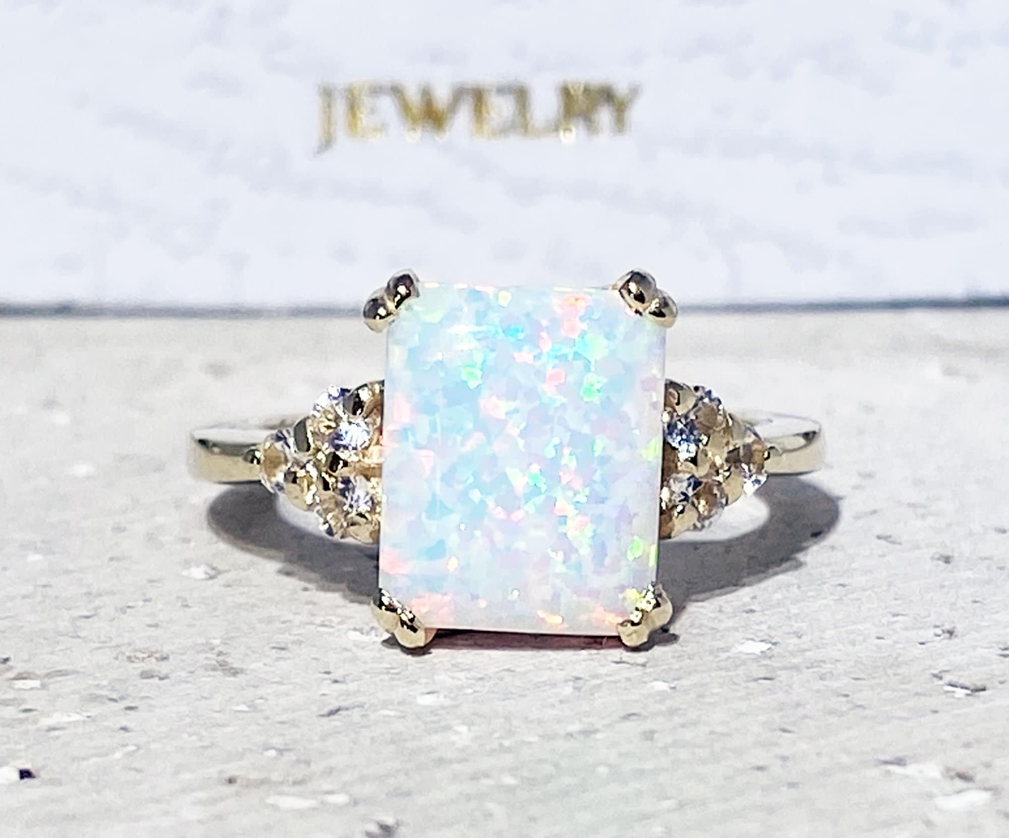 Octagon White Opal Engagement Ring with Clear Quartz Accents - H.L.Jewelry