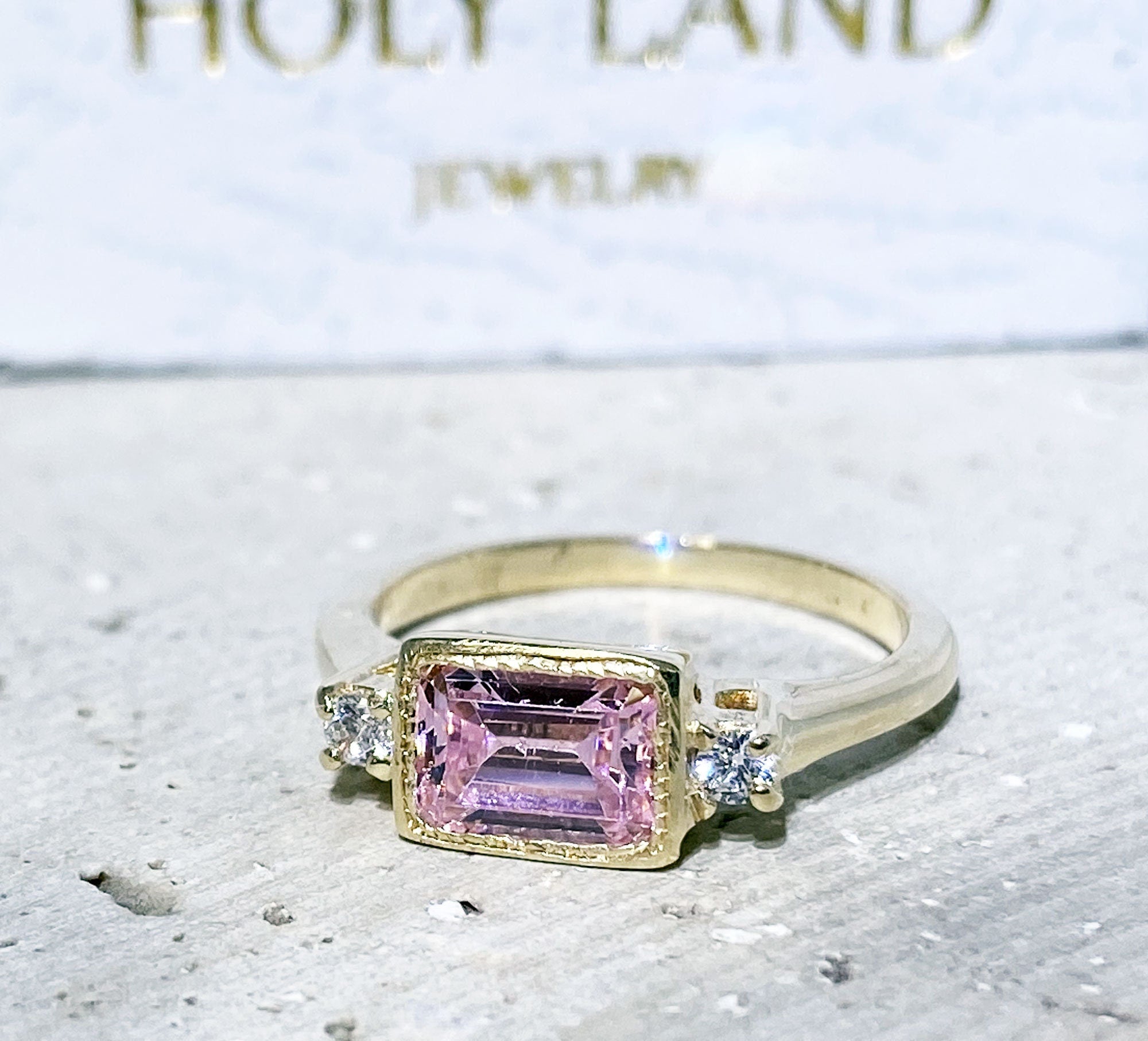 October Birthstone East-West Emerald-Cut Rose Quartz Ring with Clear Quartz Accents - H.L.Jewelry