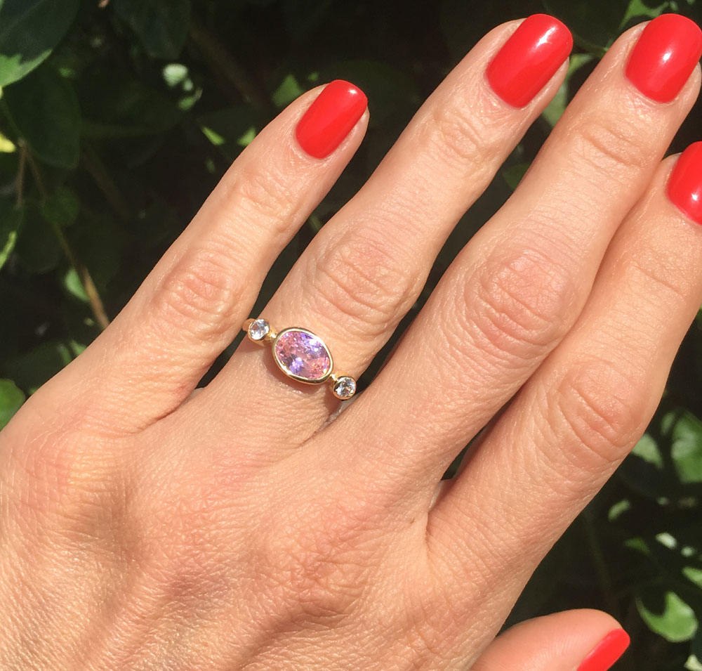 October Birthstone East-West Oval Rose Quartz Ring with Clear Quartz Accents - H.L.Jewelry