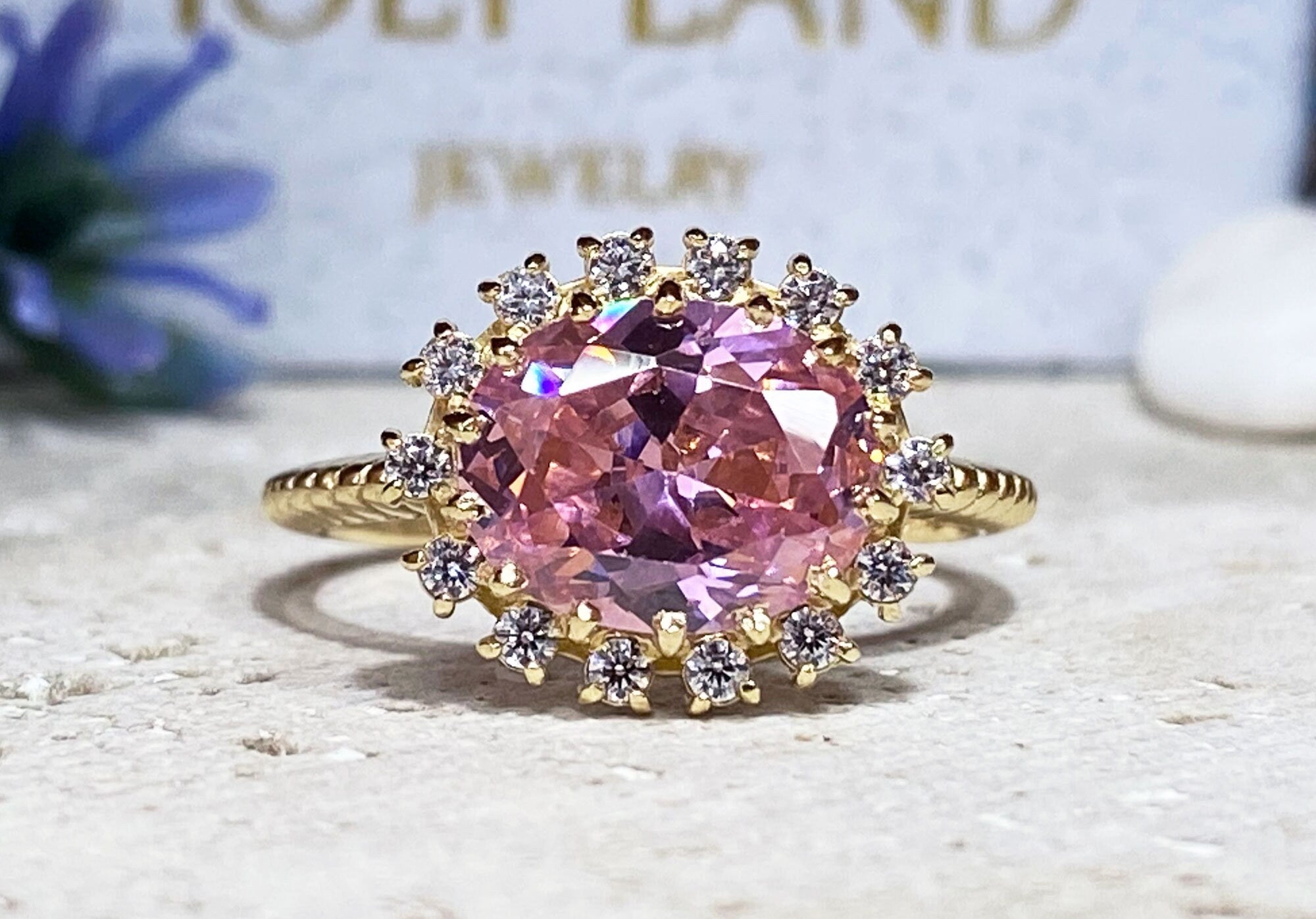 October Birthstone East-West Oval Rose Quartz Ring with Clear Quartz Halo - H.L.Jewelry