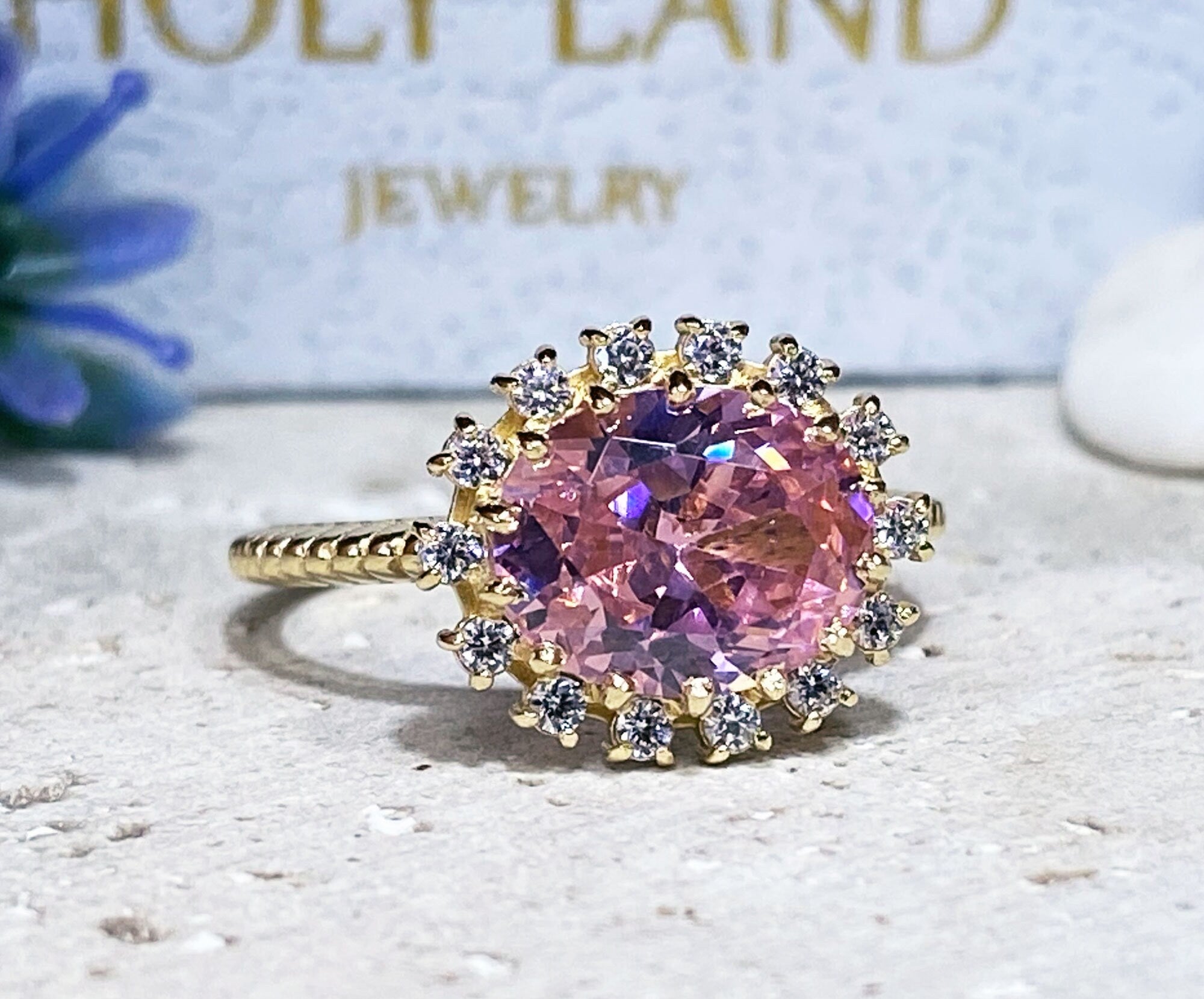 October Birthstone East-West Oval Rose Quartz Ring with Clear Quartz Halo - H.L.Jewelry
