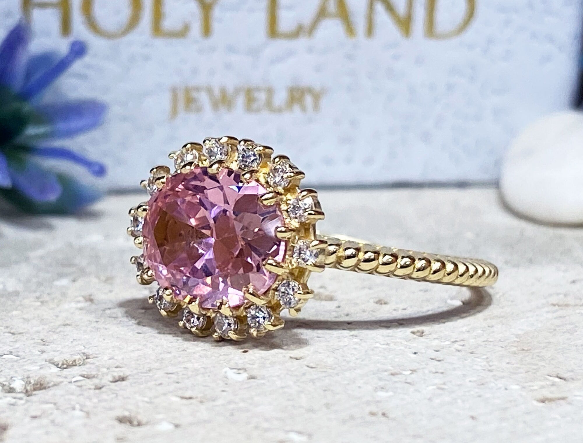 October Birthstone East-West Oval Rose Quartz Ring with Clear Quartz Halo - H.L.Jewelry