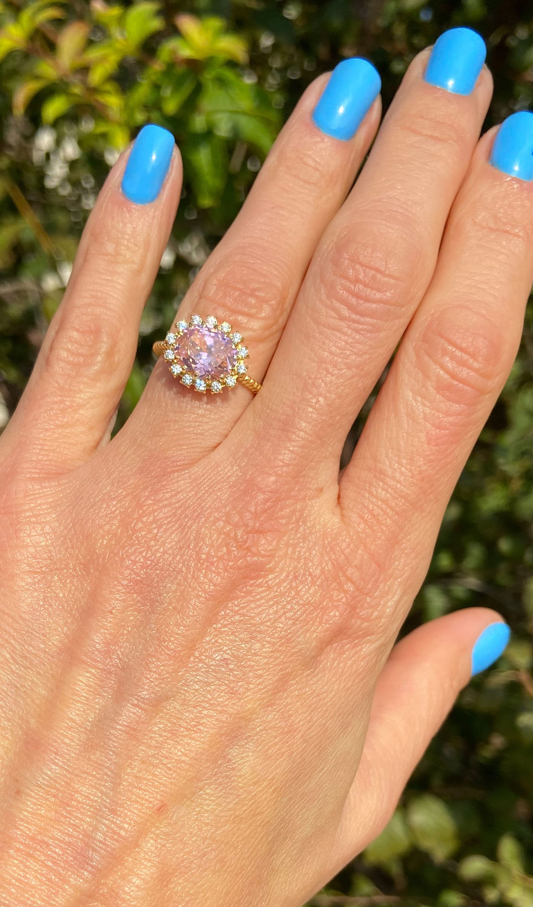 October Birthstone East-West Oval Rose Quartz Ring with Clear Quartz Halo - H.L.Jewelry