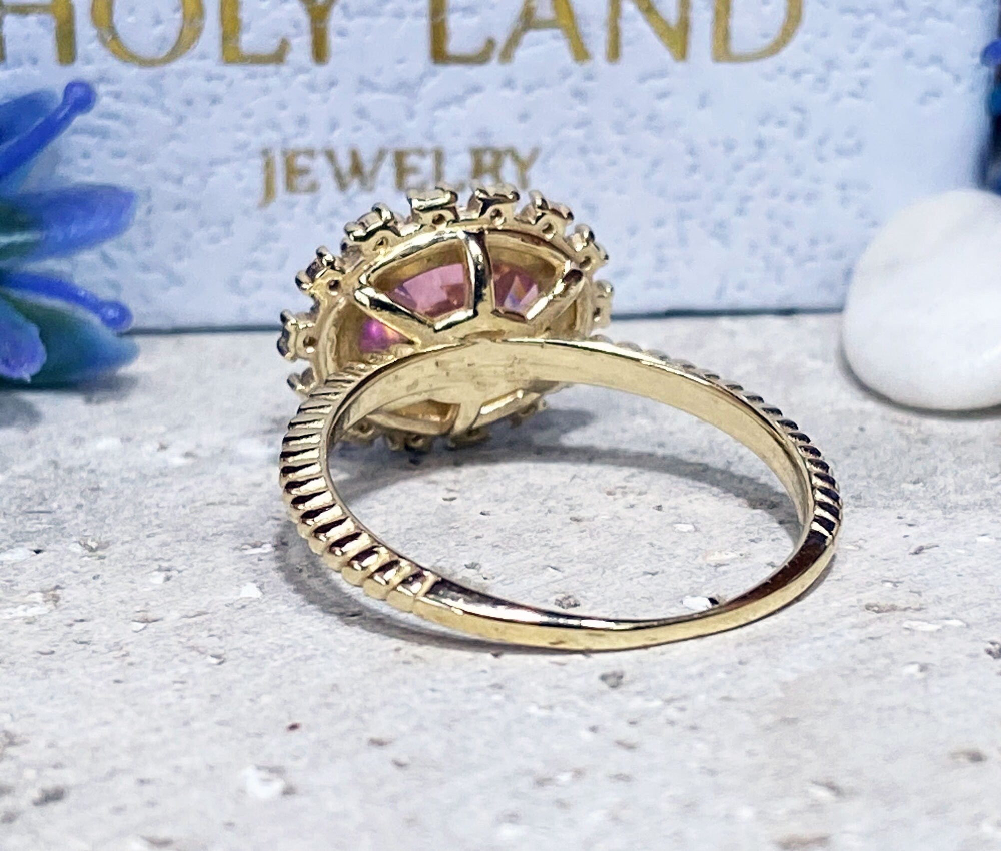 October Birthstone East-West Oval Rose Quartz Ring with Clear Quartz Halo - H.L.Jewelry