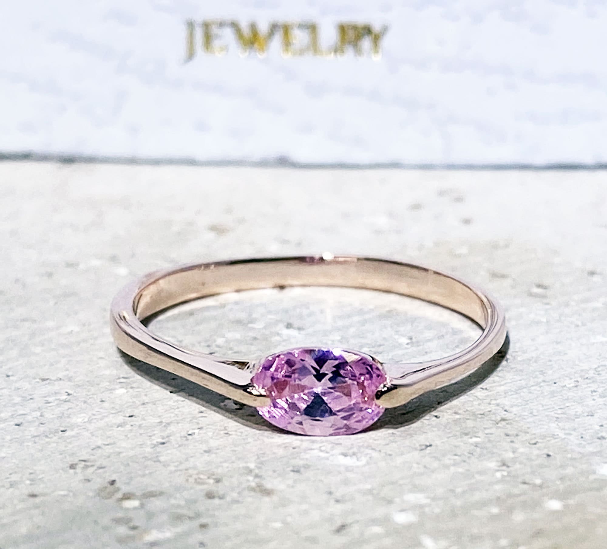 October Birthstone East-West Oval Rose Quartz Simple Stackable Ring - H.L.Jewelry