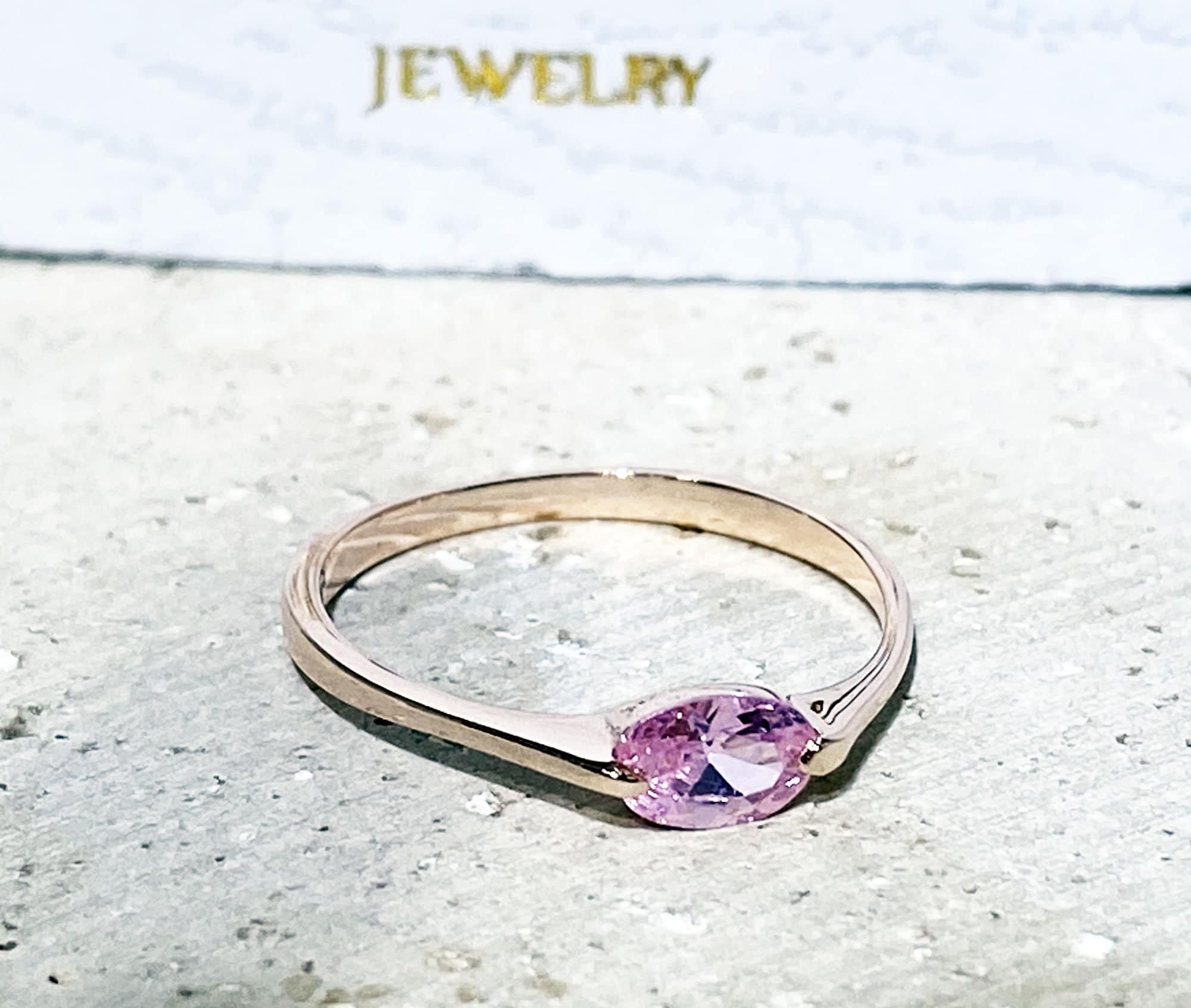 October Birthstone East-West Oval Rose Quartz Simple Stackable Ring - H.L.Jewelry