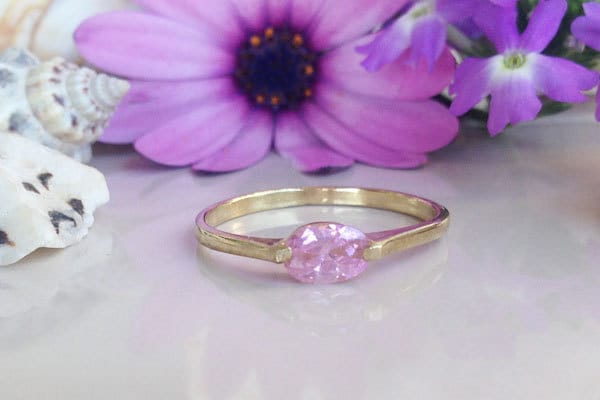 October Birthstone East-West Oval Rose Quartz Simple Stackable Ring - H.L.Jewelry