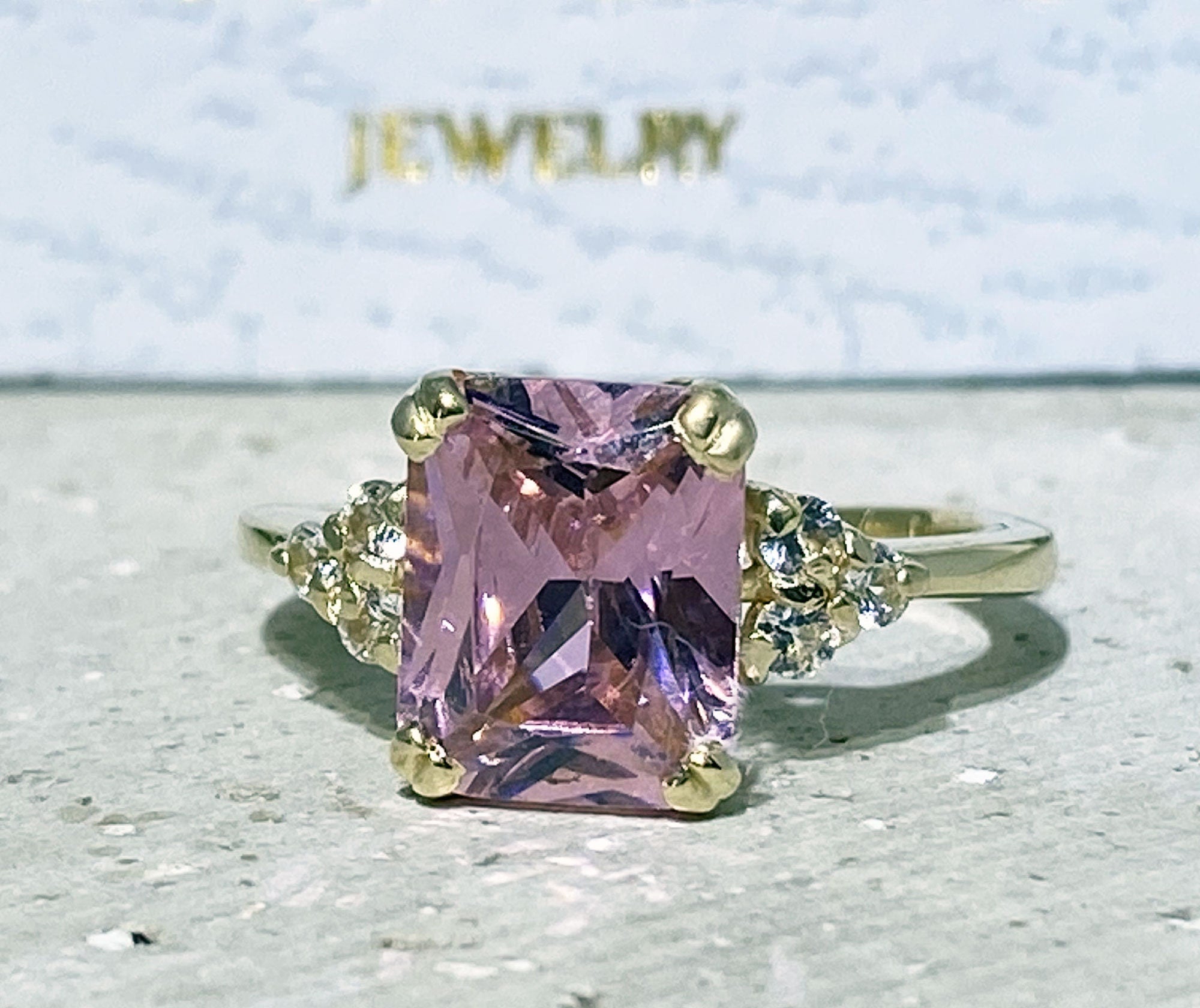 October Birthstone Octagon Rose Quartz Ring with Clear Quartz Accents - H.L.Jewelry