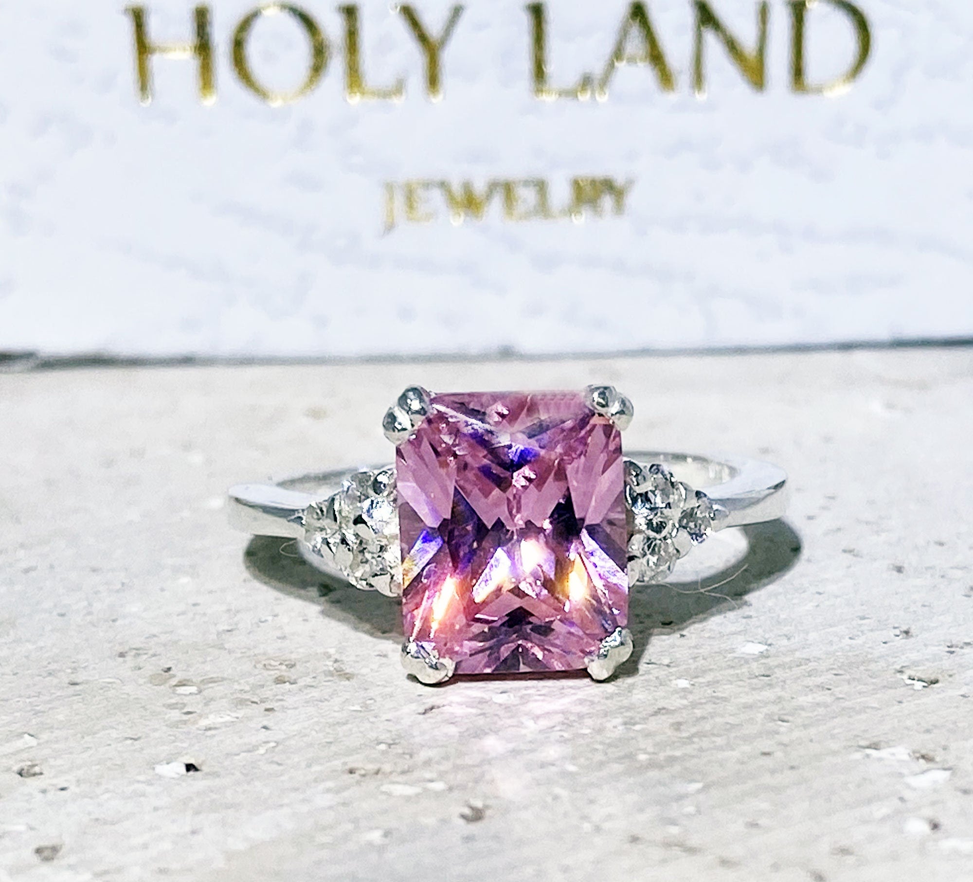 October Birthstone Octagon Rose Quartz Ring with Clear Quartz Accents - H.L.Jewelry