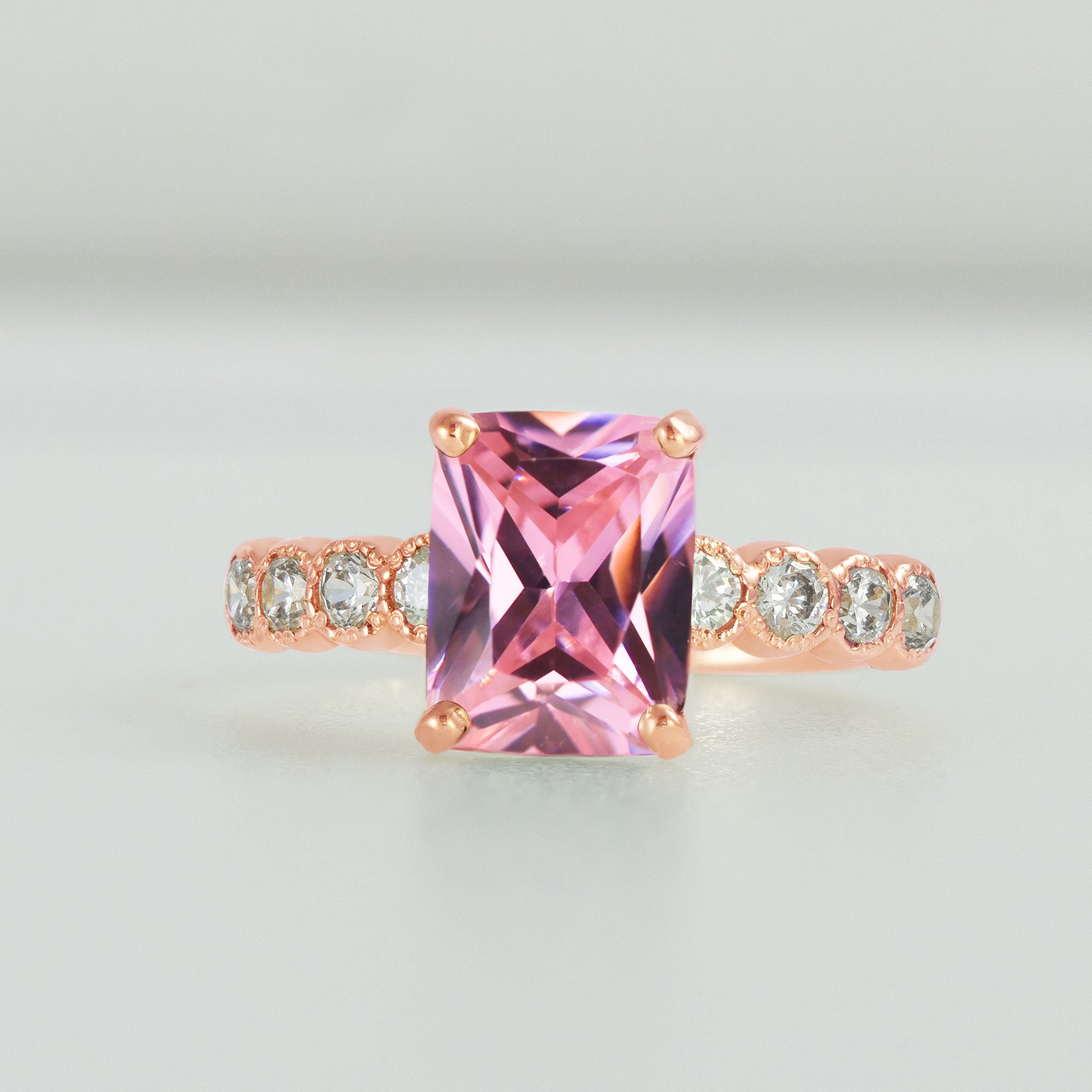 October Birthstone Octagon Rose Quartz Ring with Clear Quartz Accents - H.L.Jewelry