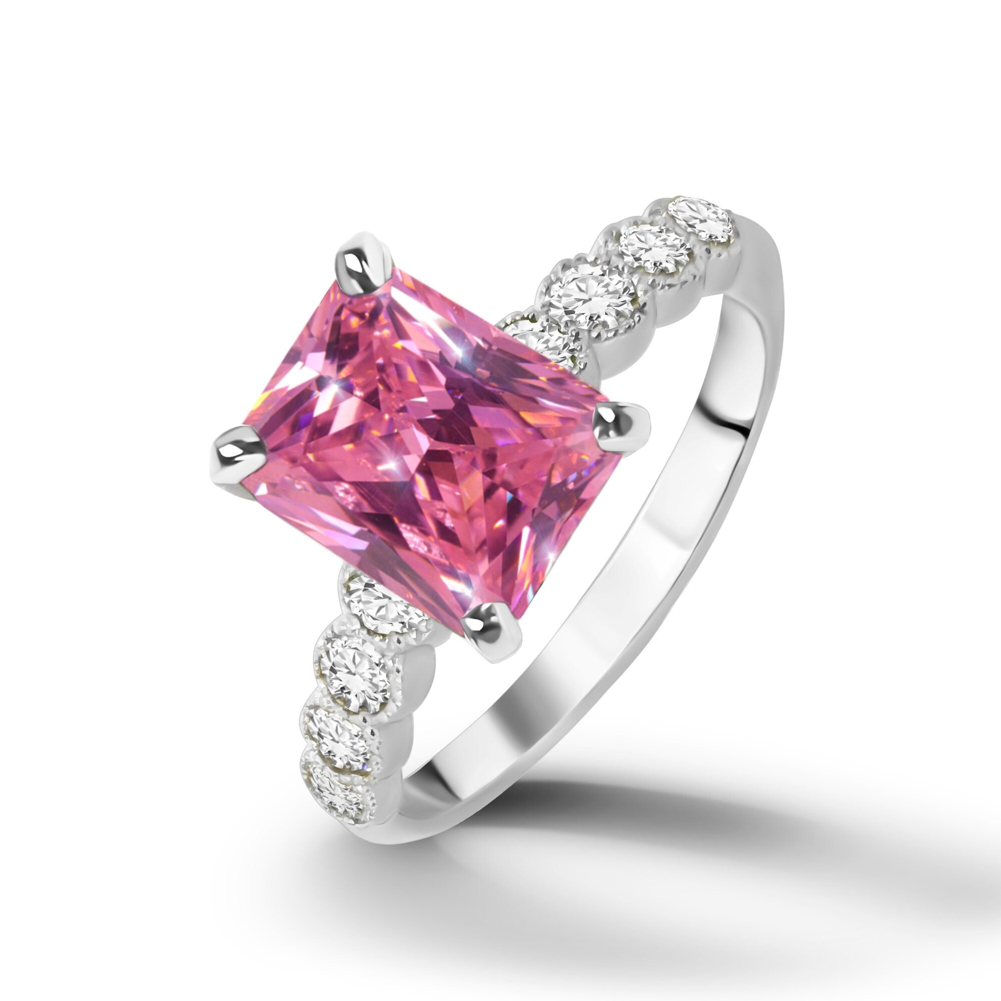 October Birthstone Octagon Rose Quartz Ring with Clear Quartz Accents - H.L.Jewelry