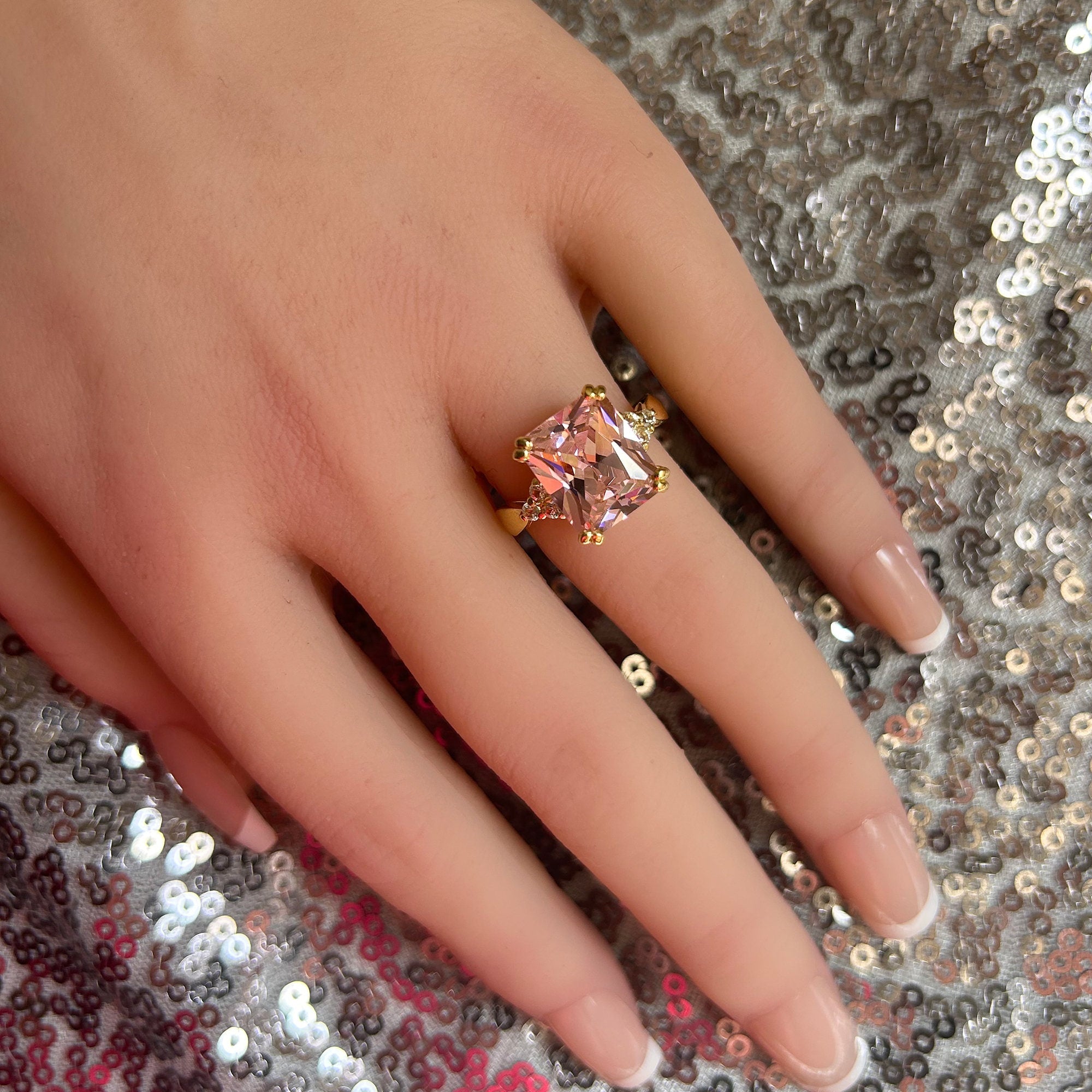 October Birthstone Octagon Rose Quartz Statement Ring with Clear Quartz Accents - H.L.Jewelry