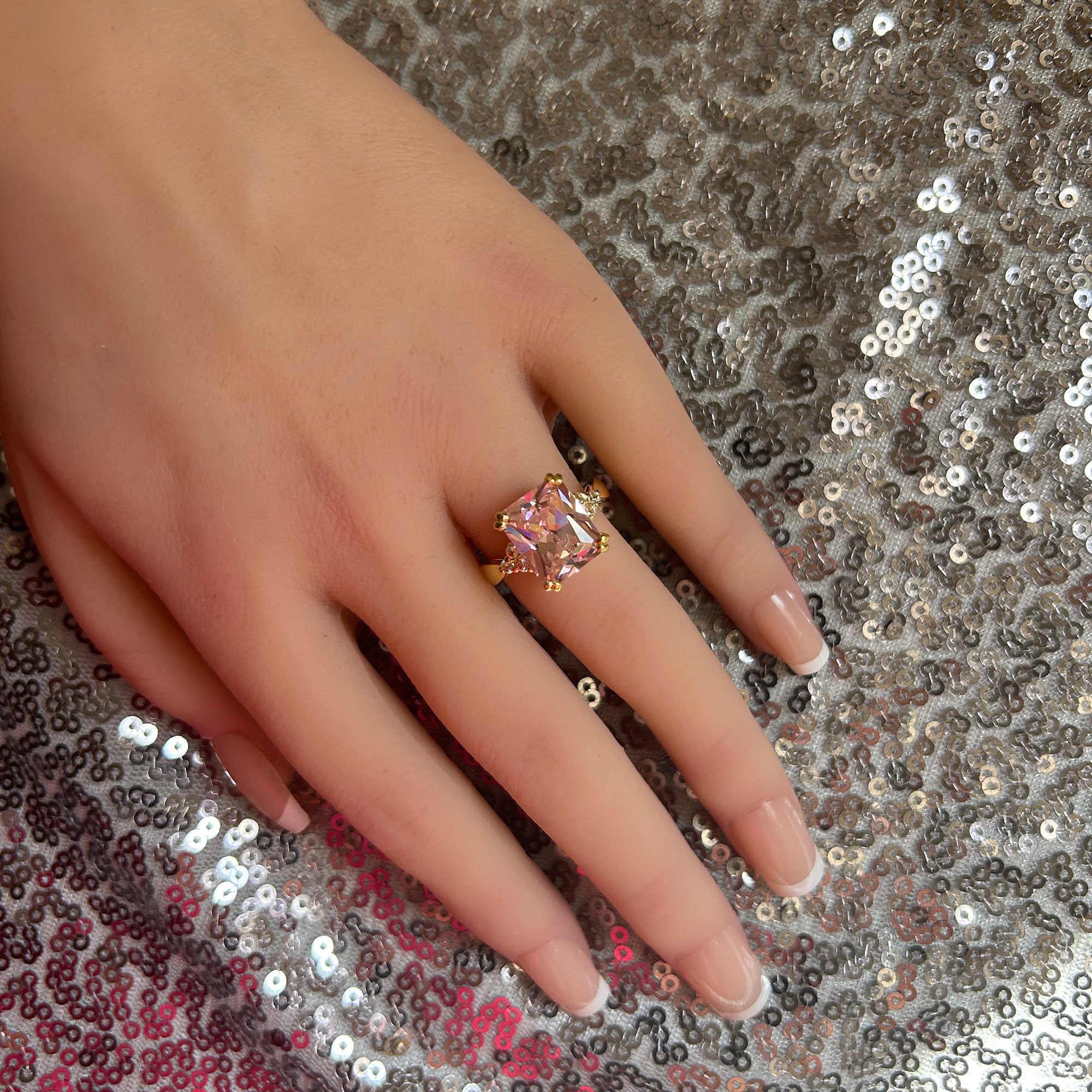 October Birthstone Octagon Rose Quartz Statement Ring with Clear Quartz Accents - H.L.Jewelry