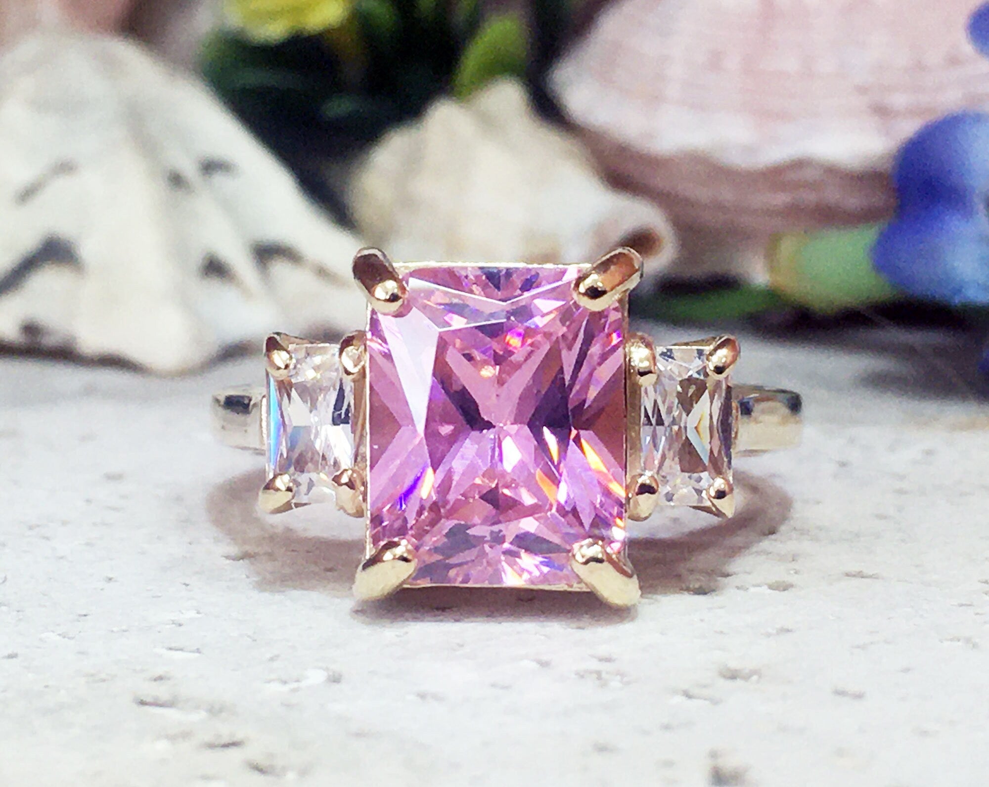 October Birthstone Octagon Rose Quartz Statement Ring with Clear Quartz Accents - H.L.Jewelry