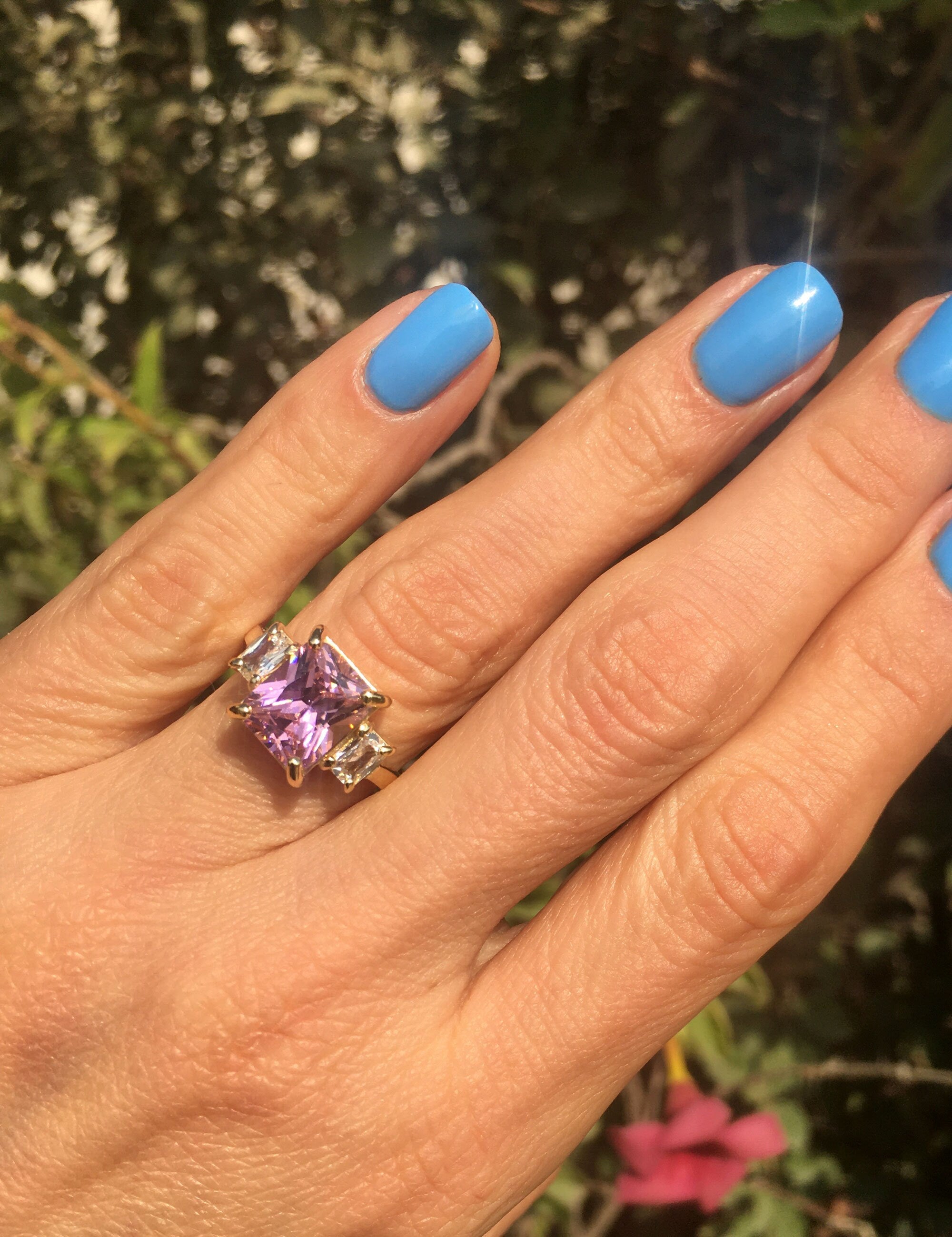 October Birthstone Octagon Rose Quartz Statement Ring with Clear Quartz Accents - H.L.Jewelry