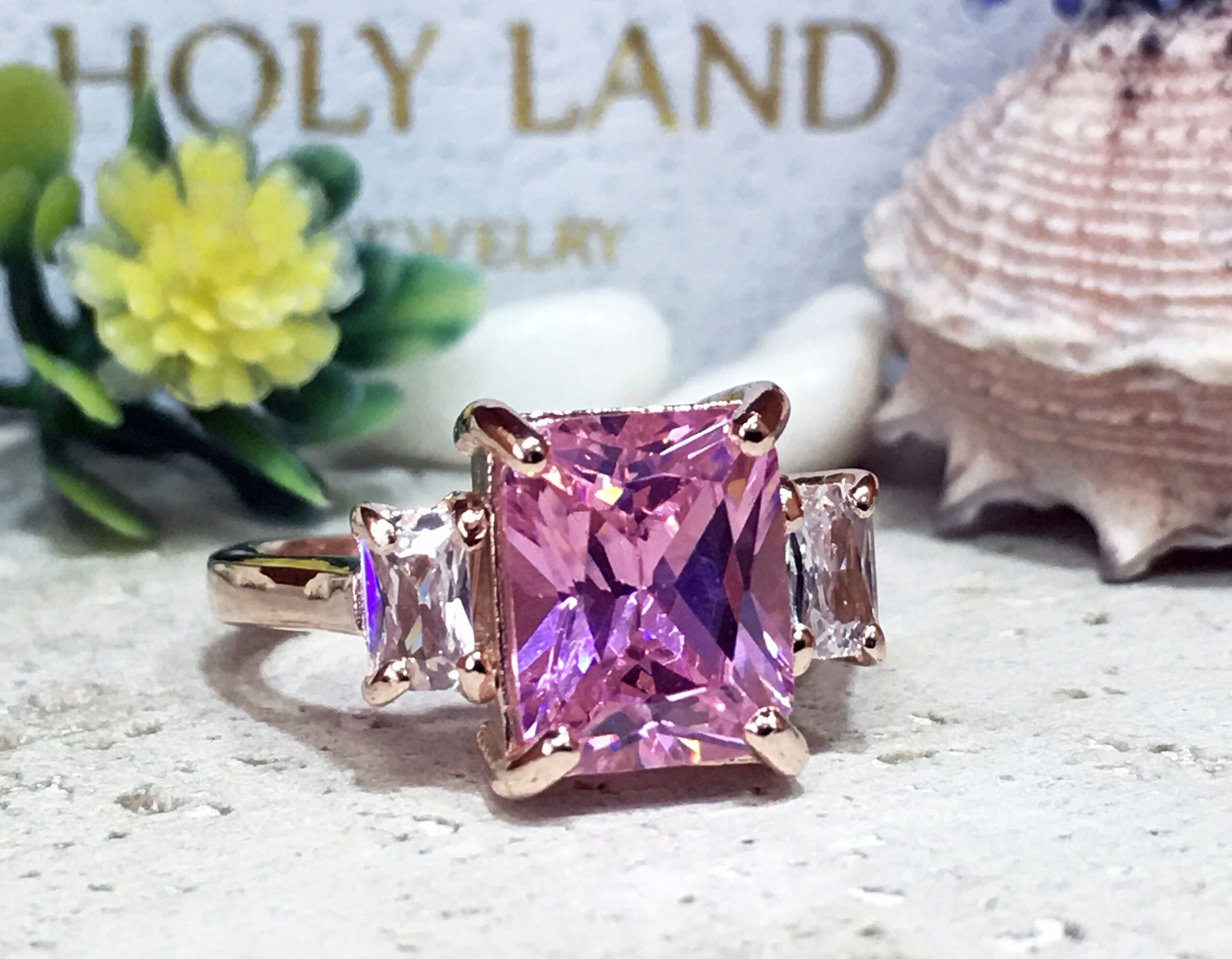 October Birthstone Octagon Rose Quartz Statement Ring with Clear Quartz Accents - H.L.Jewelry