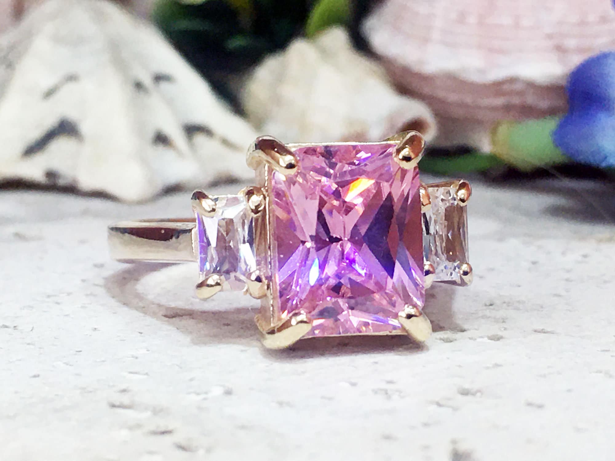 October Birthstone Octagon Rose Quartz Statement Ring with Clear Quartz Accents - H.L.Jewelry