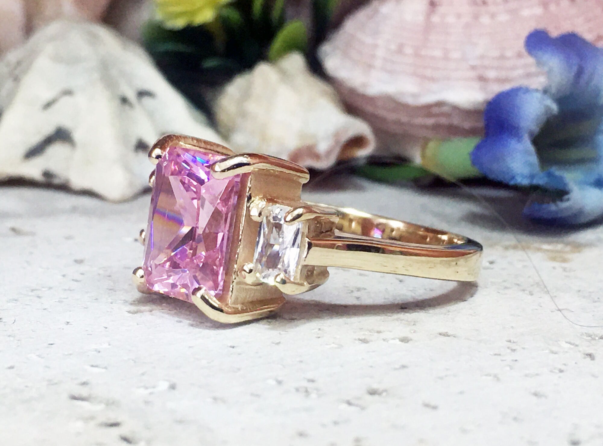 October Birthstone Octagon Rose Quartz Statement Ring with Clear Quartz Accents - H.L.Jewelry