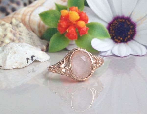 October Birthstone Oval Rose Quartz Filigree Bezel Ring - H.L.Jewelry