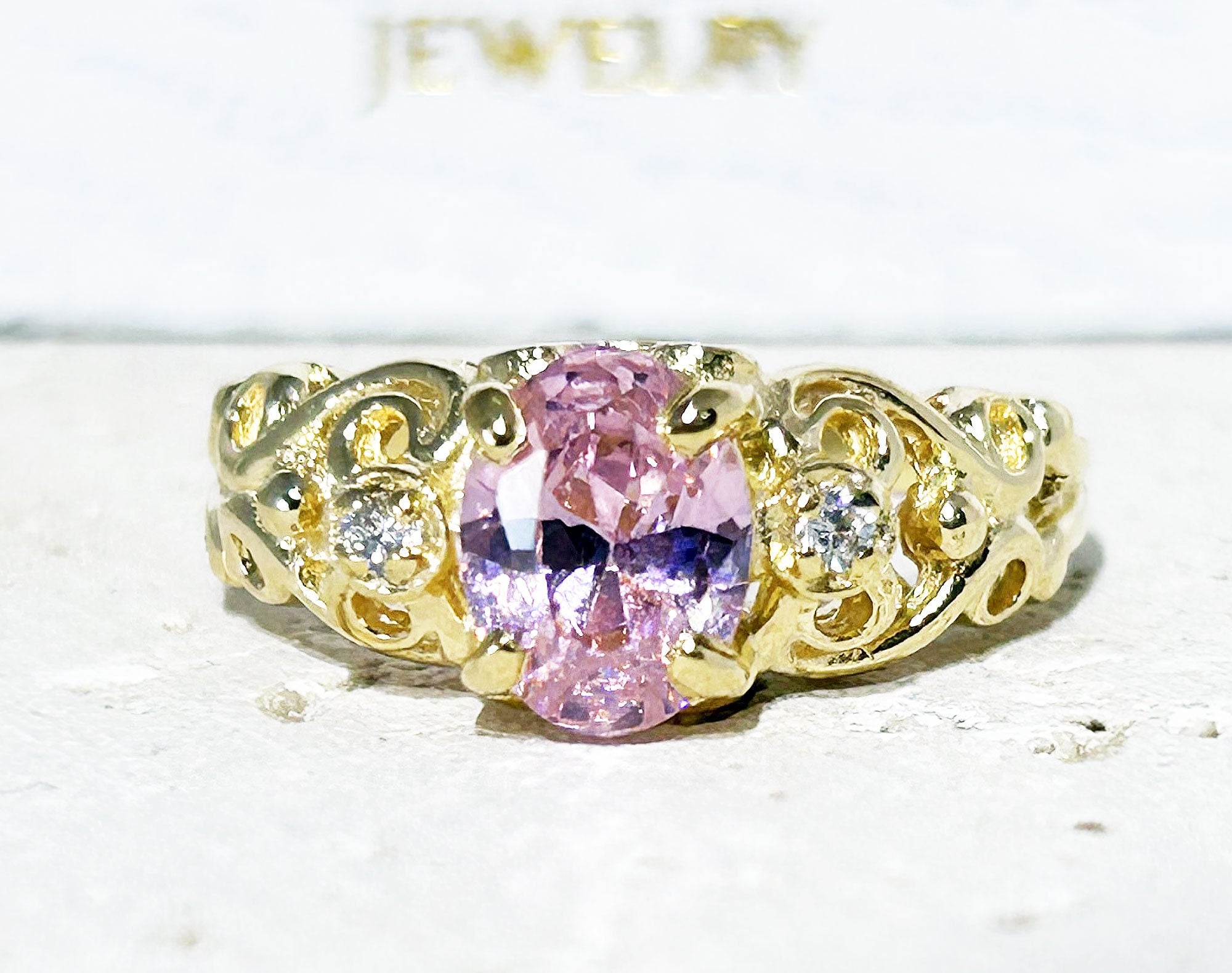 October Birthstone Oval Rose Quartz Filigree Ring with Clear Quartz Accents - H.L.Jewelry