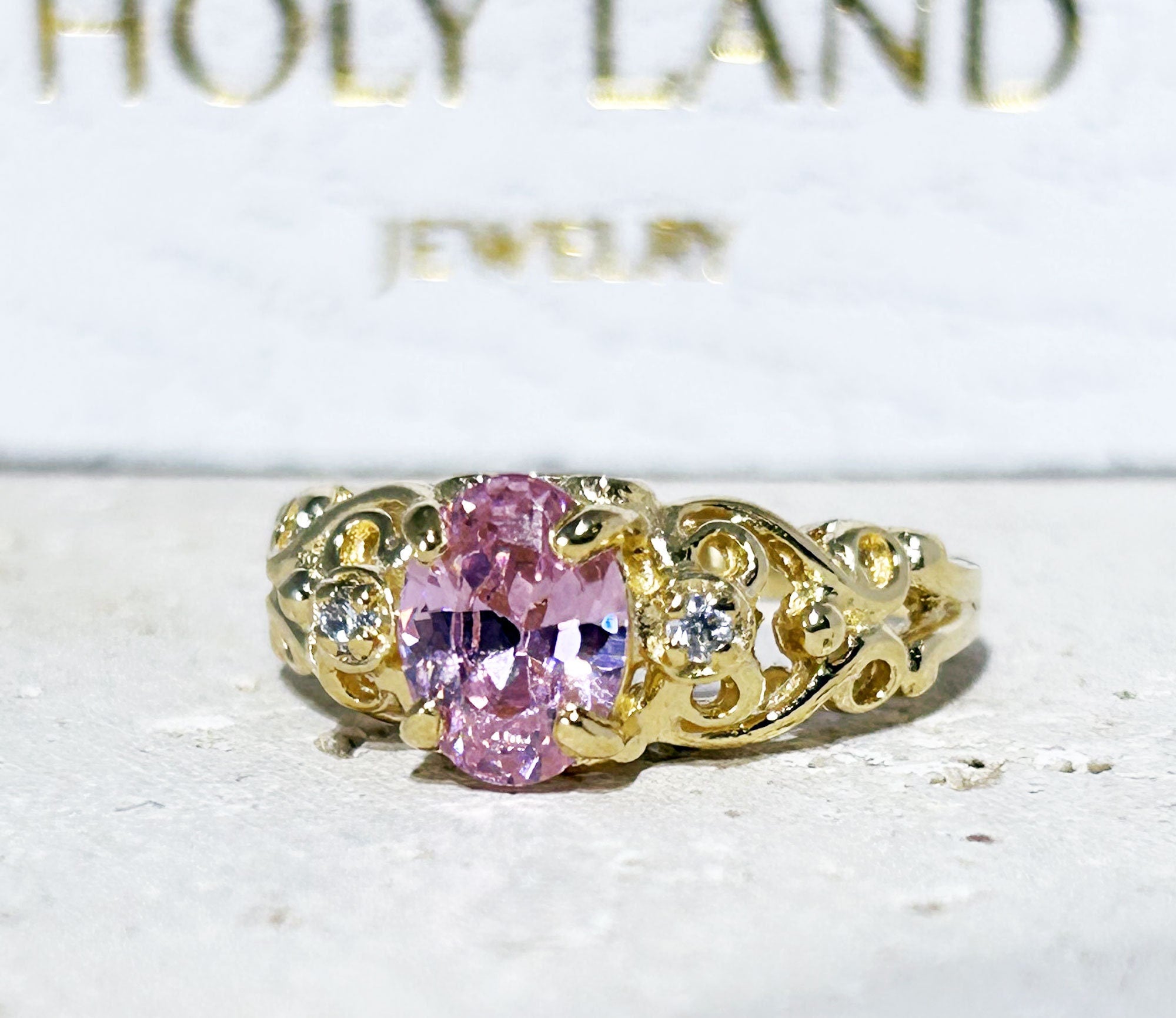 October Birthstone Oval Rose Quartz Filigree Ring with Clear Quartz Accents - H.L.Jewelry