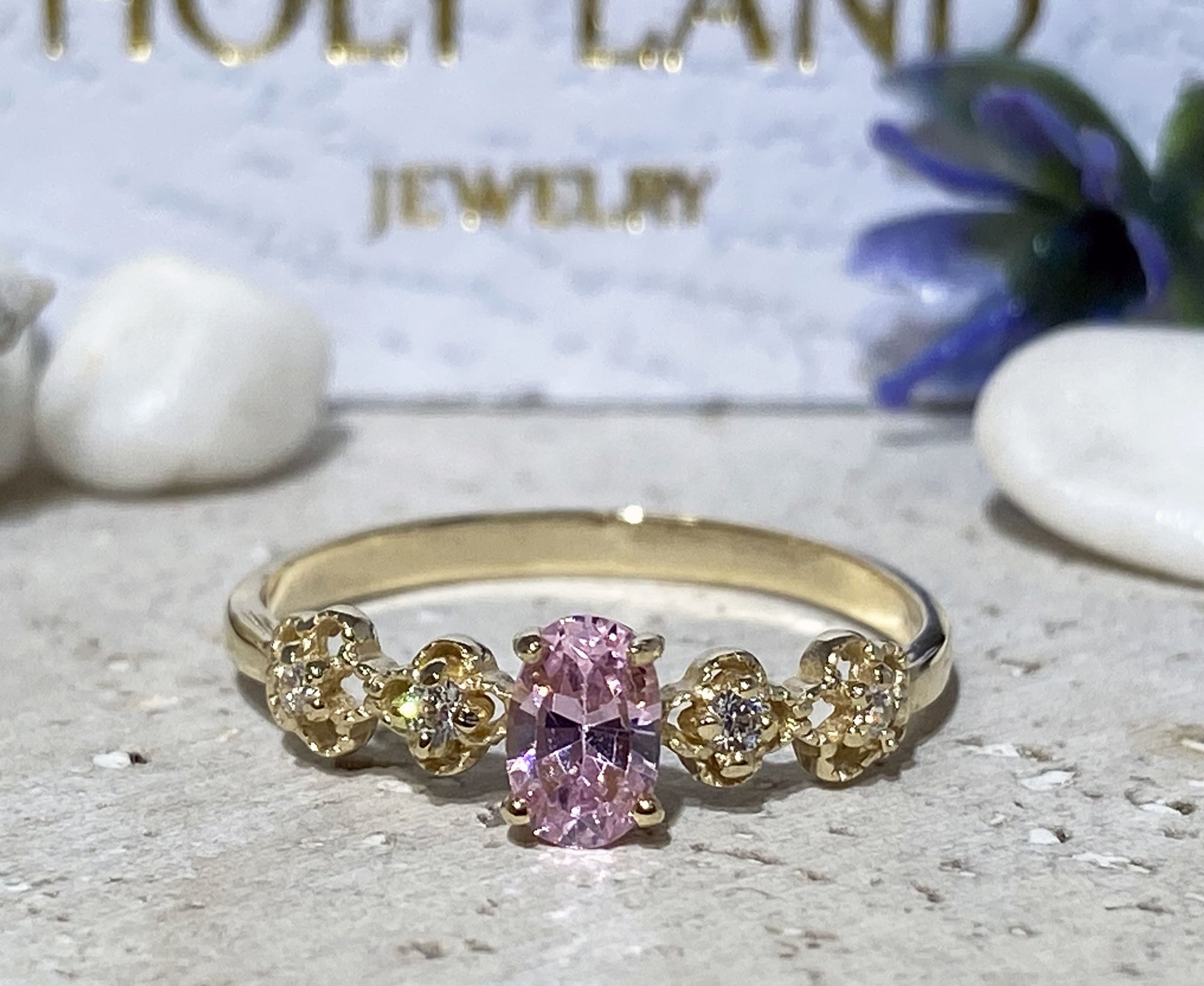 October Birthstone Oval Rose Quartz Flower Ring with Clear Quartz Accents - H.L.Jewelry