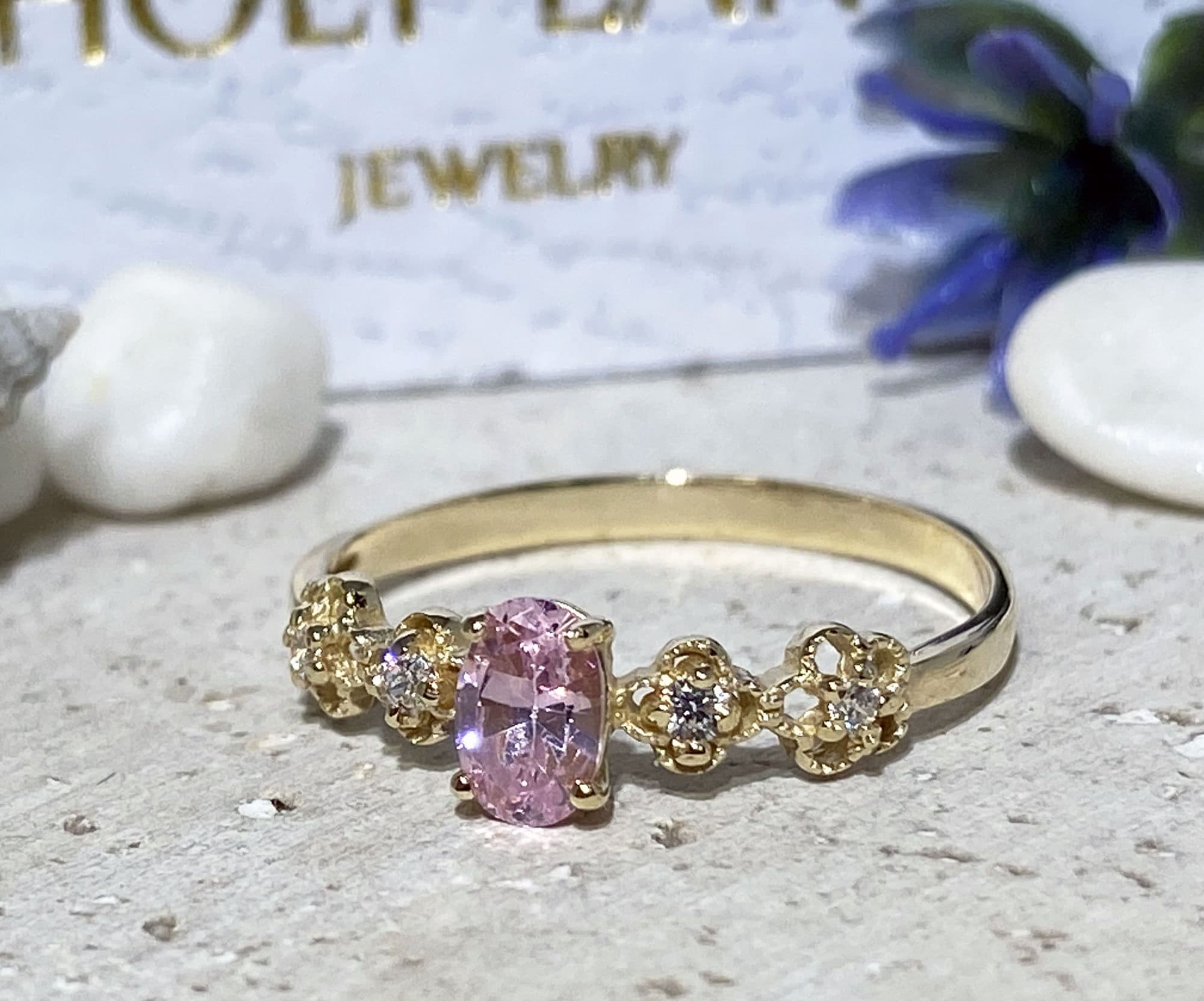 October Birthstone Oval Rose Quartz Flower Ring with Clear Quartz Accents - H.L.Jewelry