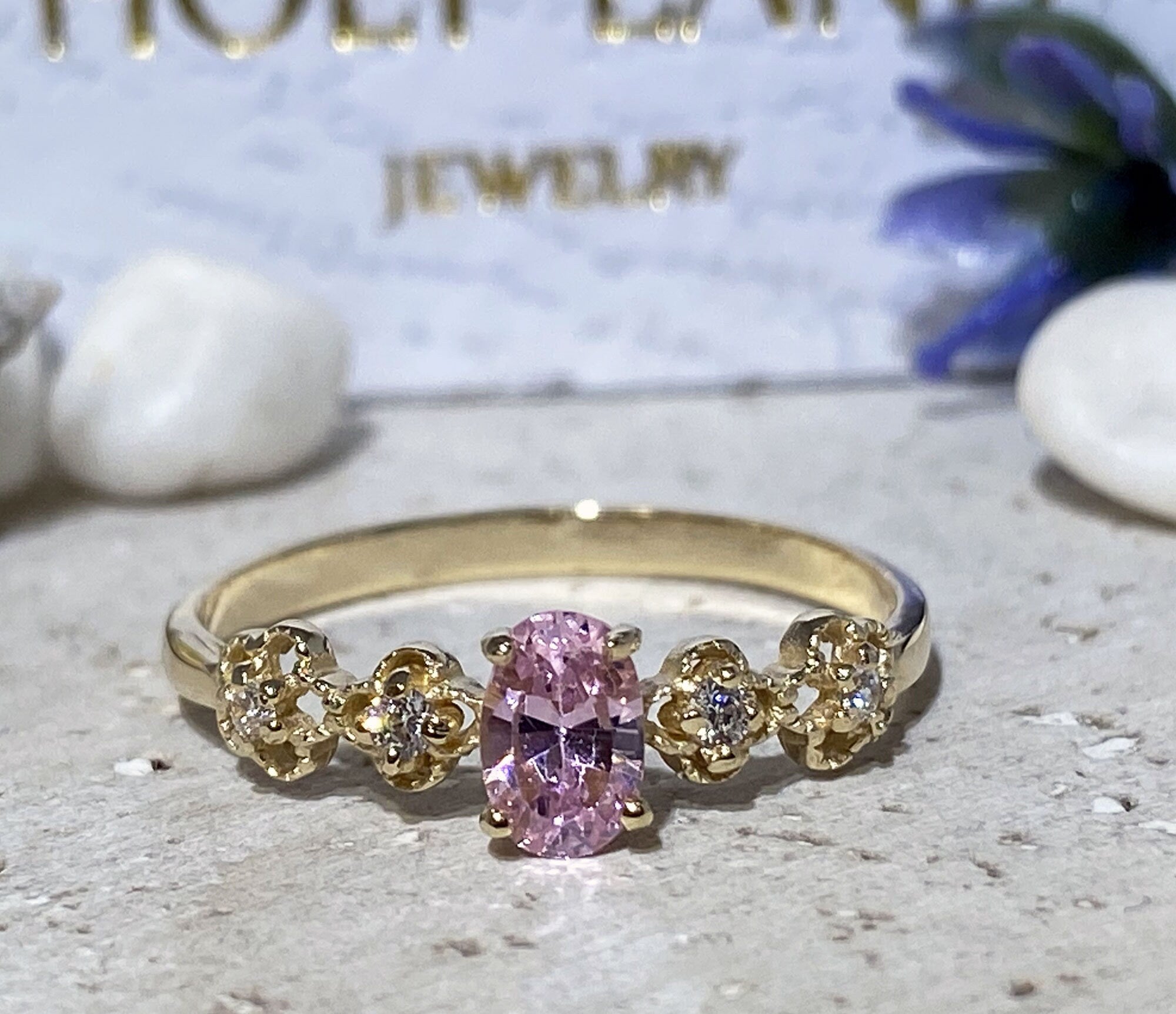 October Birthstone Oval Rose Quartz Flower Ring with Clear Quartz Accents - H.L.Jewelry