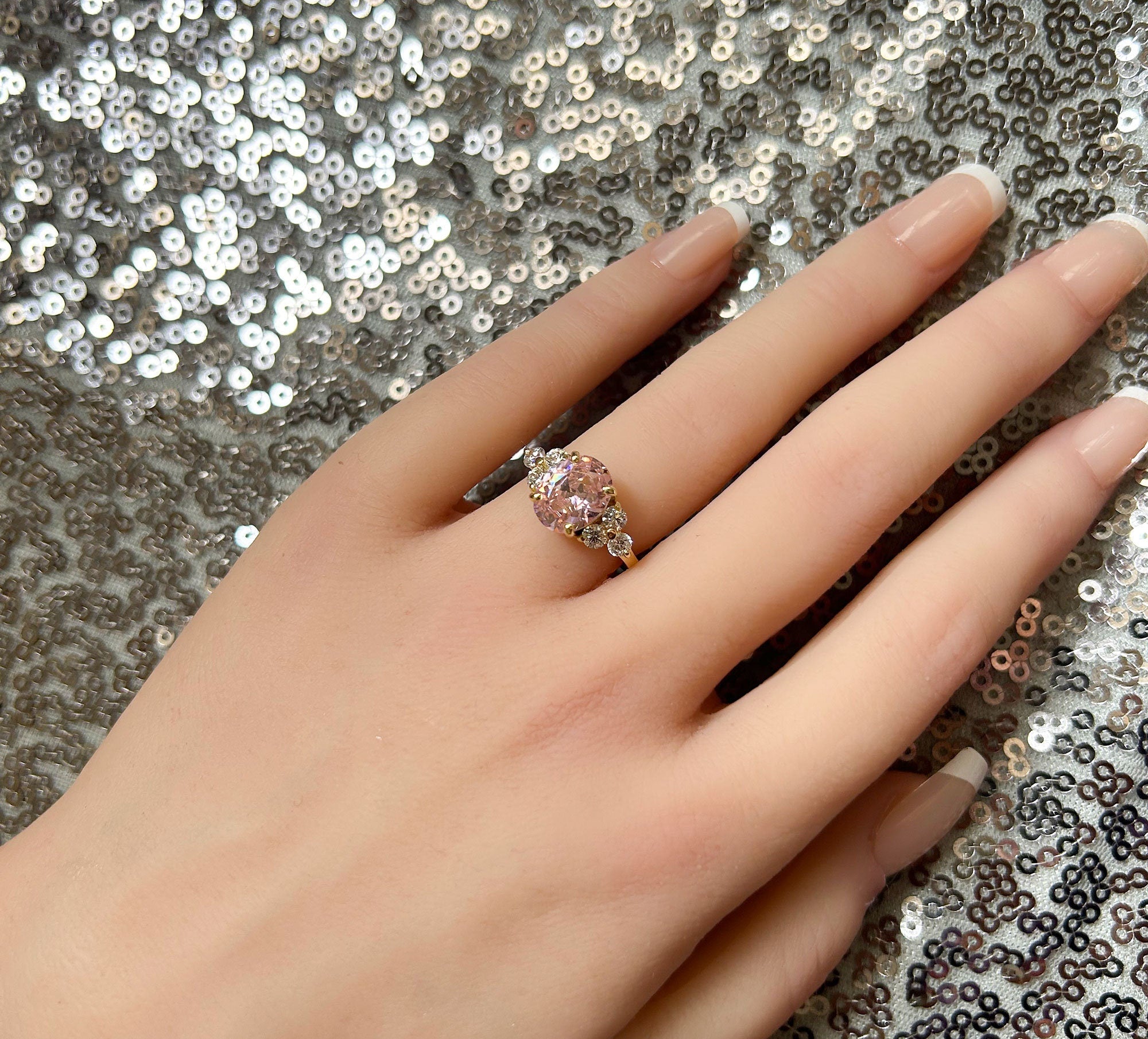 October Birthstone Oval Rose Quartz Ring with Clear Quartz Accents - H.L.Jewelry