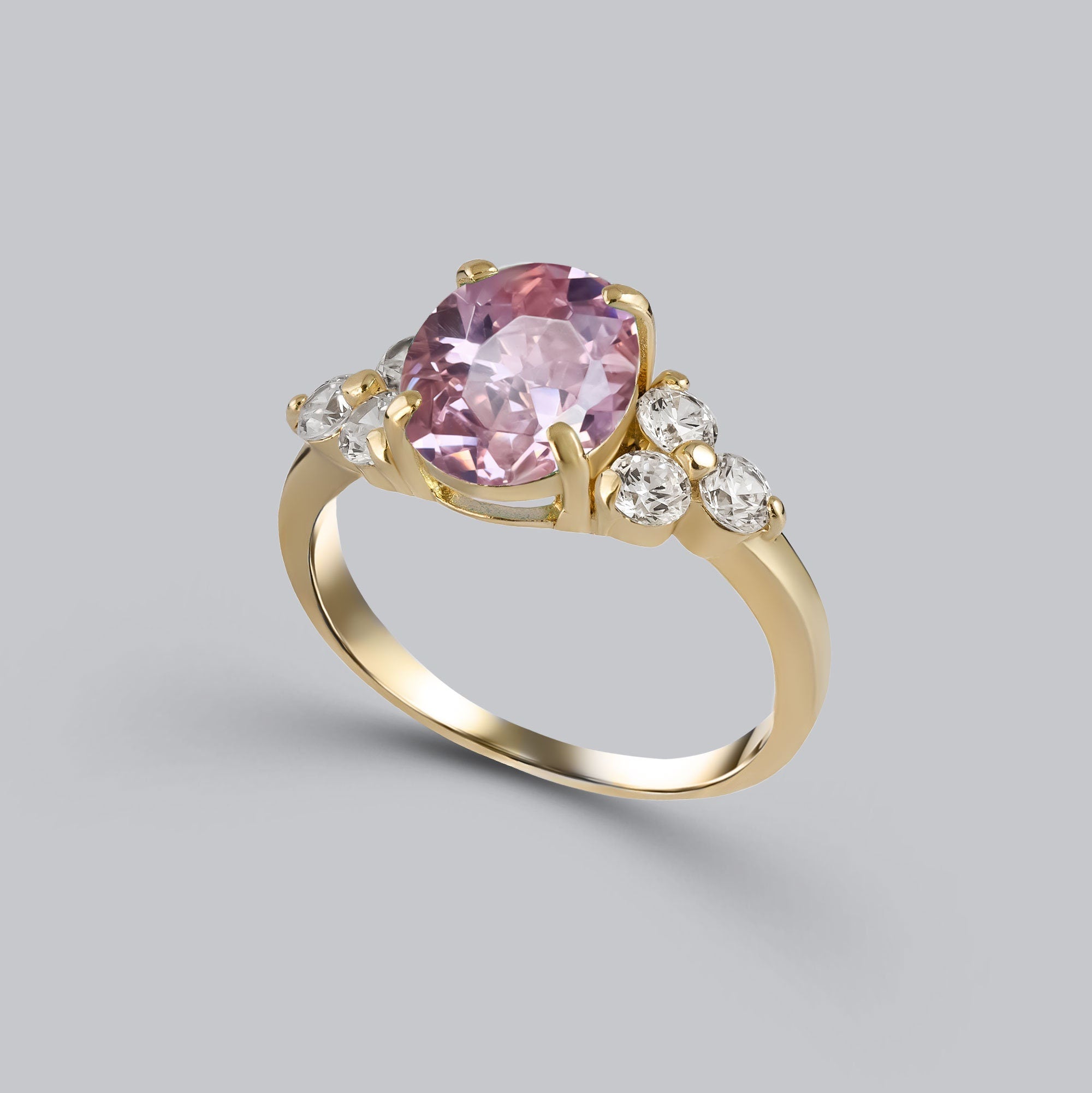 October Birthstone Oval Rose Quartz Ring with Clear Quartz Accents - H.L.Jewelry