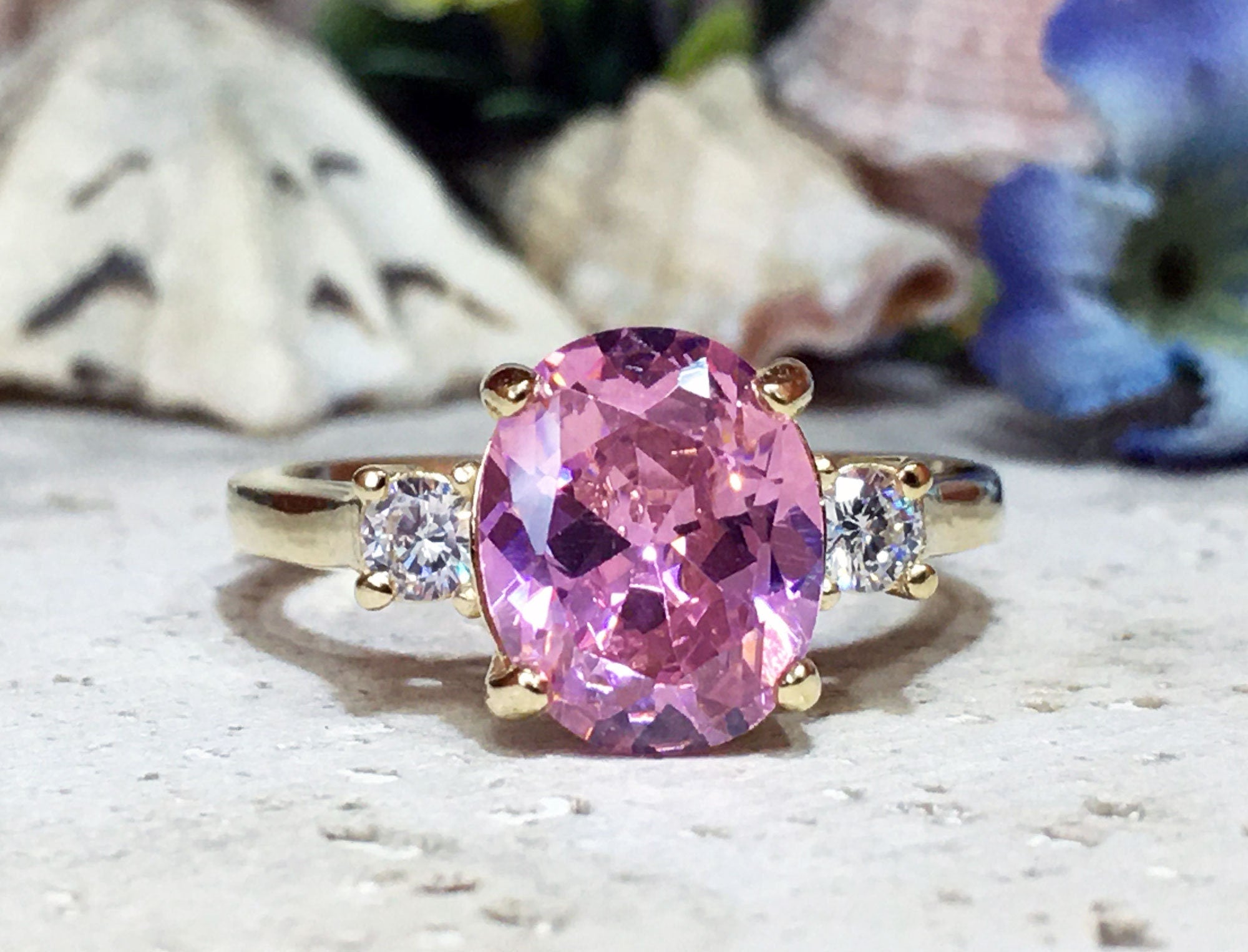October Birthstone Oval Rose Quartz Ring with Clear Quartz Accents - H.L.Jewelry
