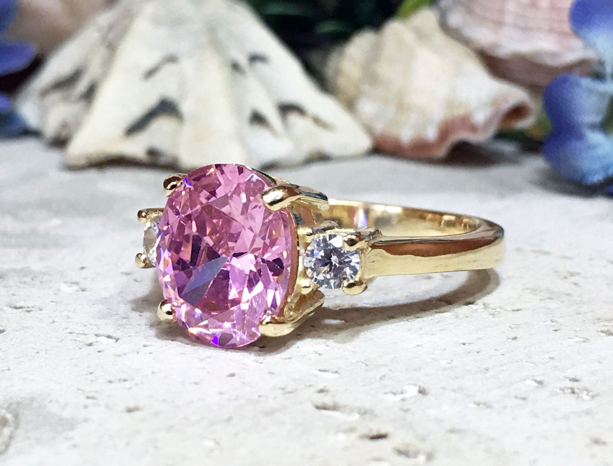 October Birthstone Oval Rose Quartz Ring with Clear Quartz Accents - H.L.Jewelry