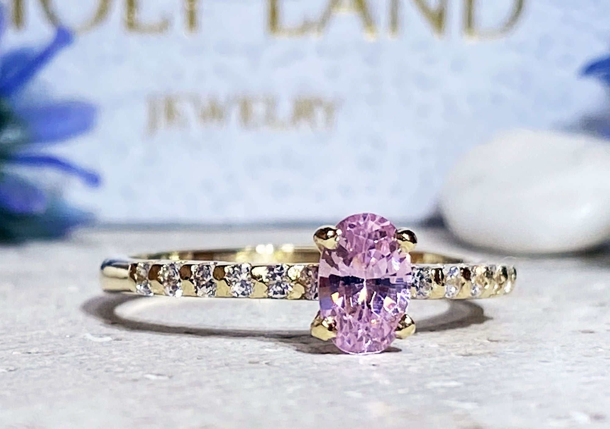 October Birthstone Oval Rose Quartz Ring with Clear Quartz Accents - H.L.Jewelry