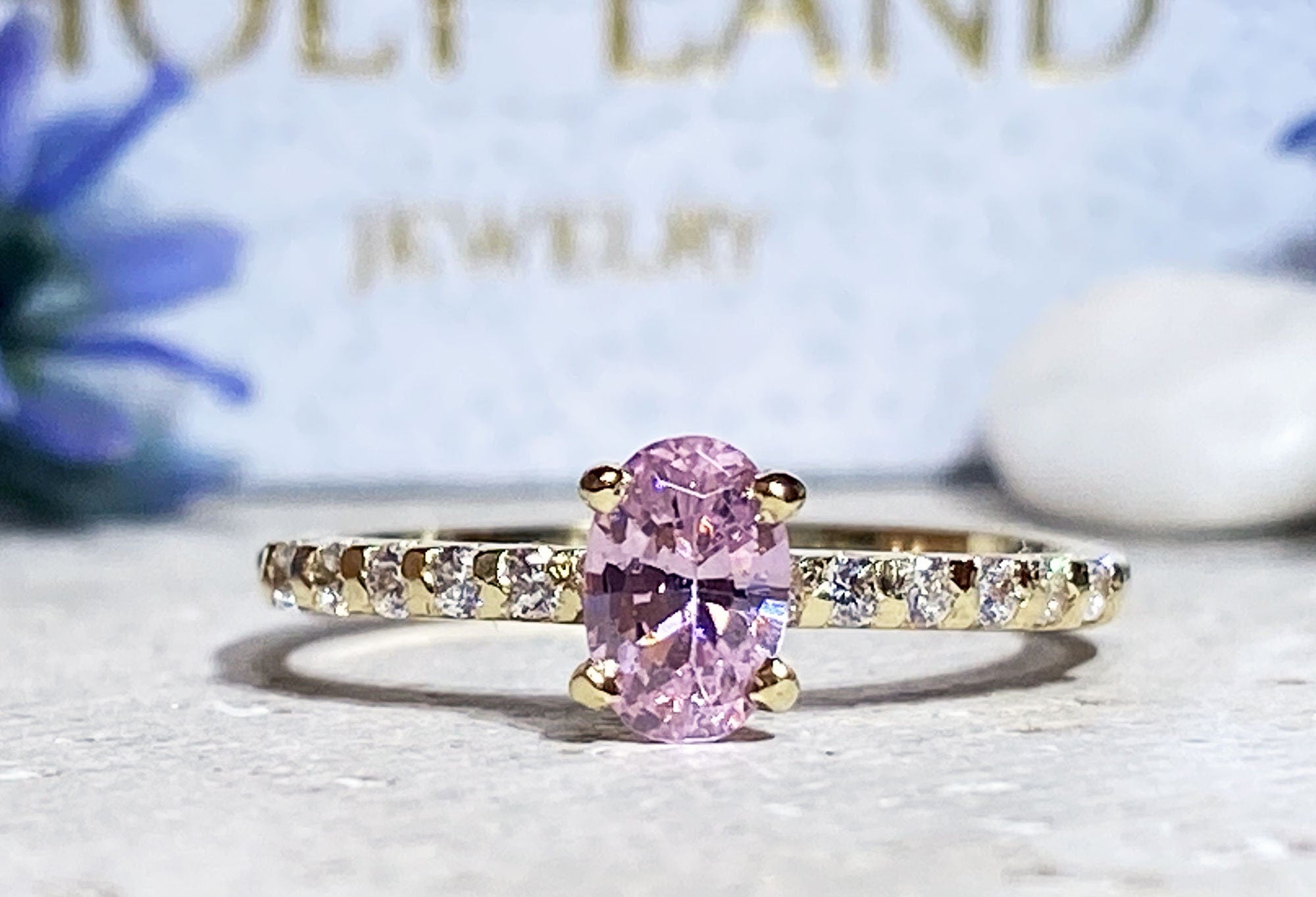 October Birthstone Oval Rose Quartz Ring with Clear Quartz Accents - H.L.Jewelry