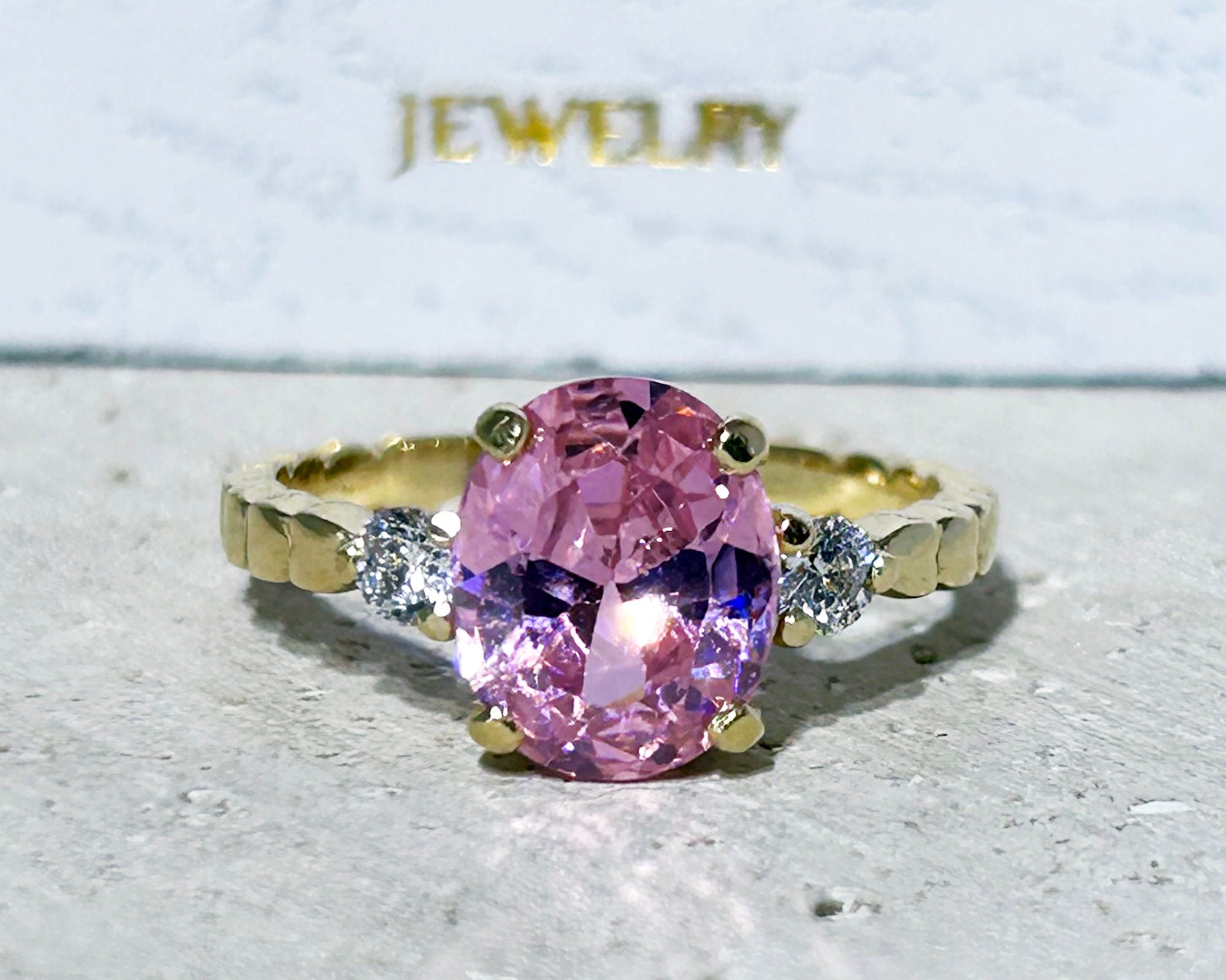 October Birthstone Oval Rose Quartz Ring with Clear Quartz Accents - H.L.Jewelry