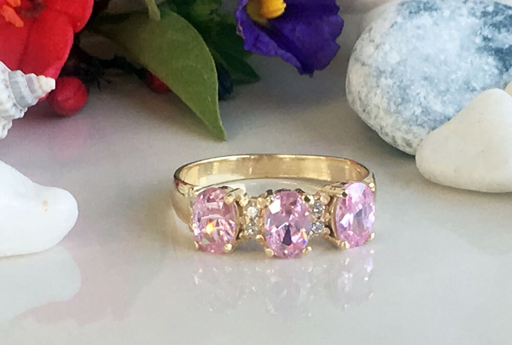 October Birthstone Oval Rose Quartz Three Stone Ring with Clear Quartz Accents - H.L.Jewelry